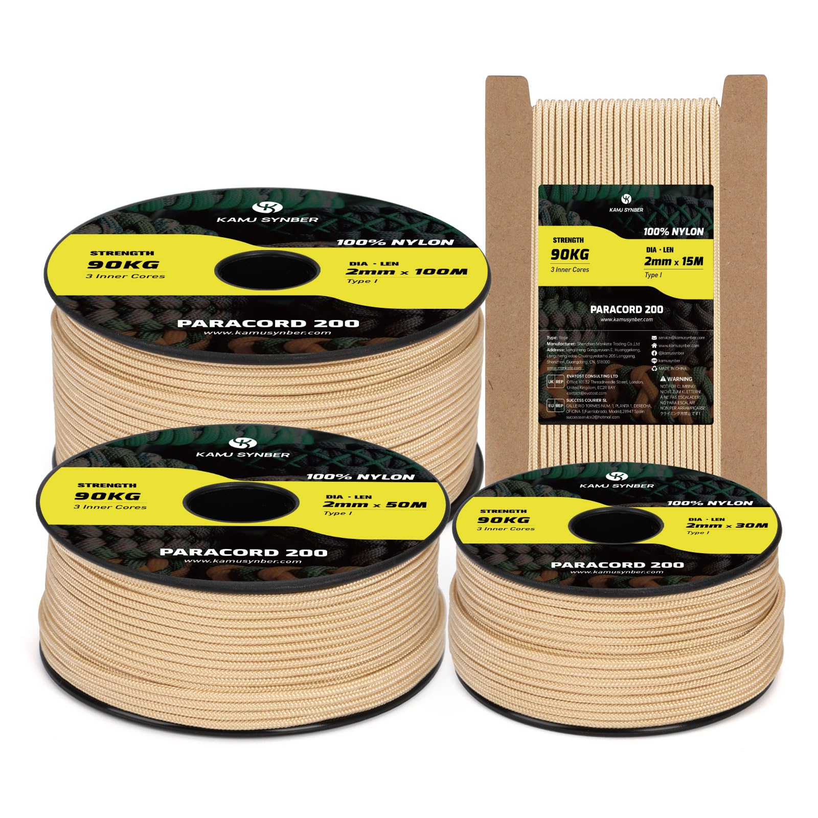 Kamu Synber Paracord 2mm 3 Strands 50M 100% Nylon Rope Type I Parachute Cord for Craft, Outdoor, DIY, Camping | Support 90kg | Khaki