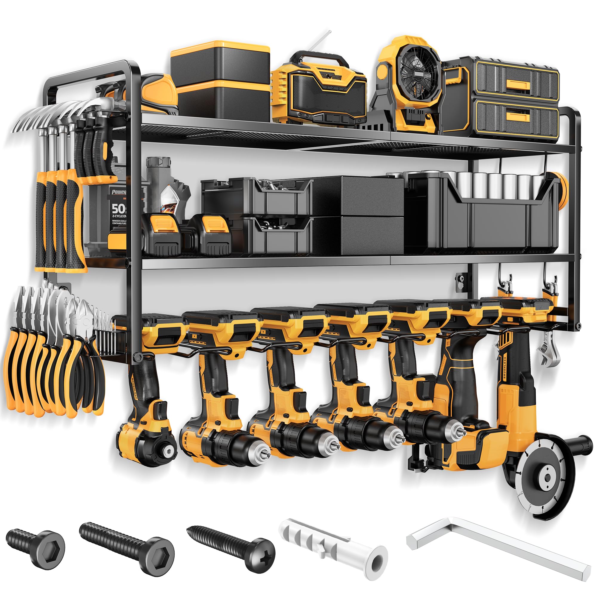 LBT Heavy Duty Wall Mount Tool Organizer Rack - 3 Tier With 7 Drill Holders, 160lb Load For Garage & Workshop