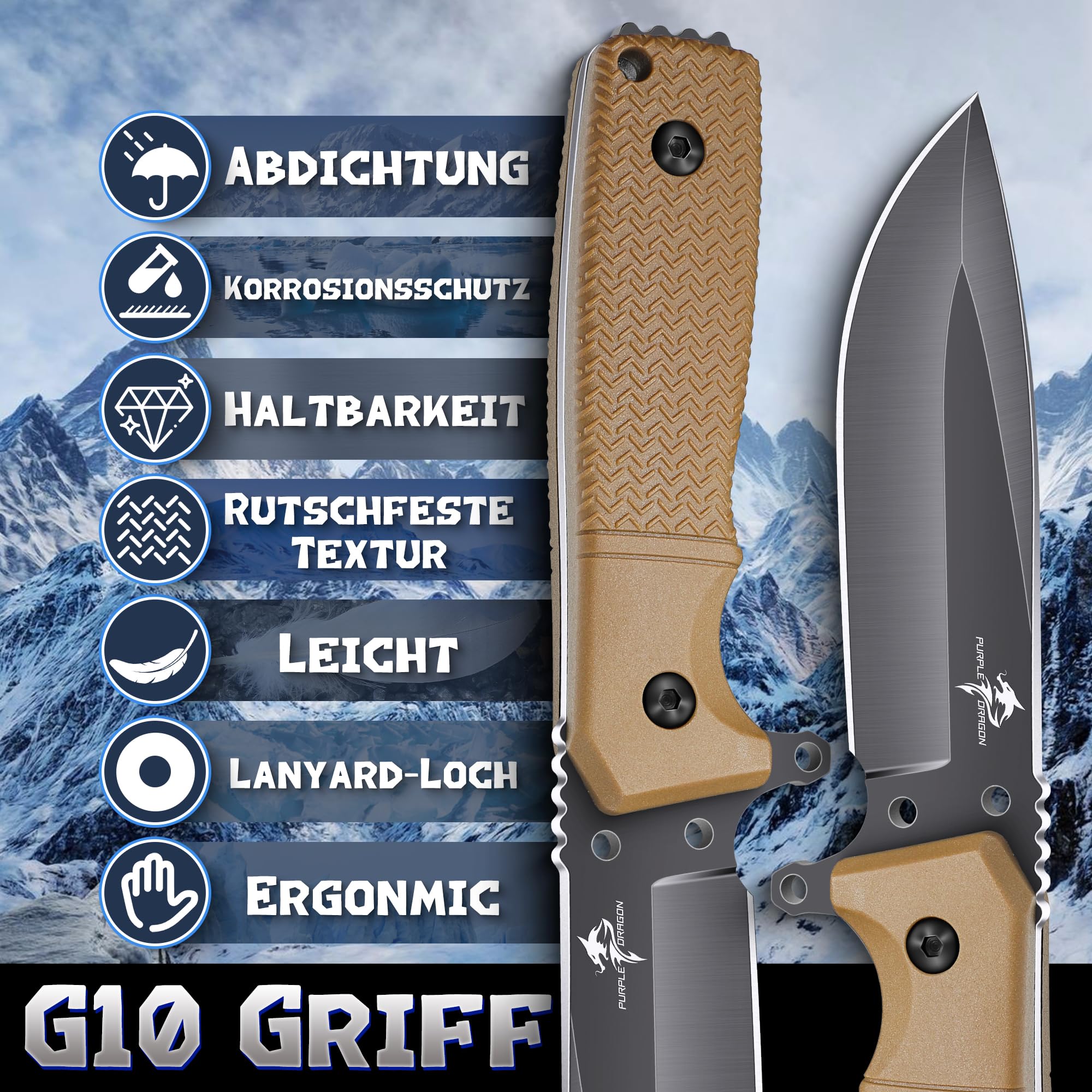 Purple Dragon Khaki Couteau de Survie, Étui Kydex, Acier D2 et Soie Pleine | Couteau à Lame Fixe, Soie Pleine, D2, Manche G10, Étui Kydex, Camping, Bushcraft, Plein Air, Survie, Outdoor, Cadeau Homme