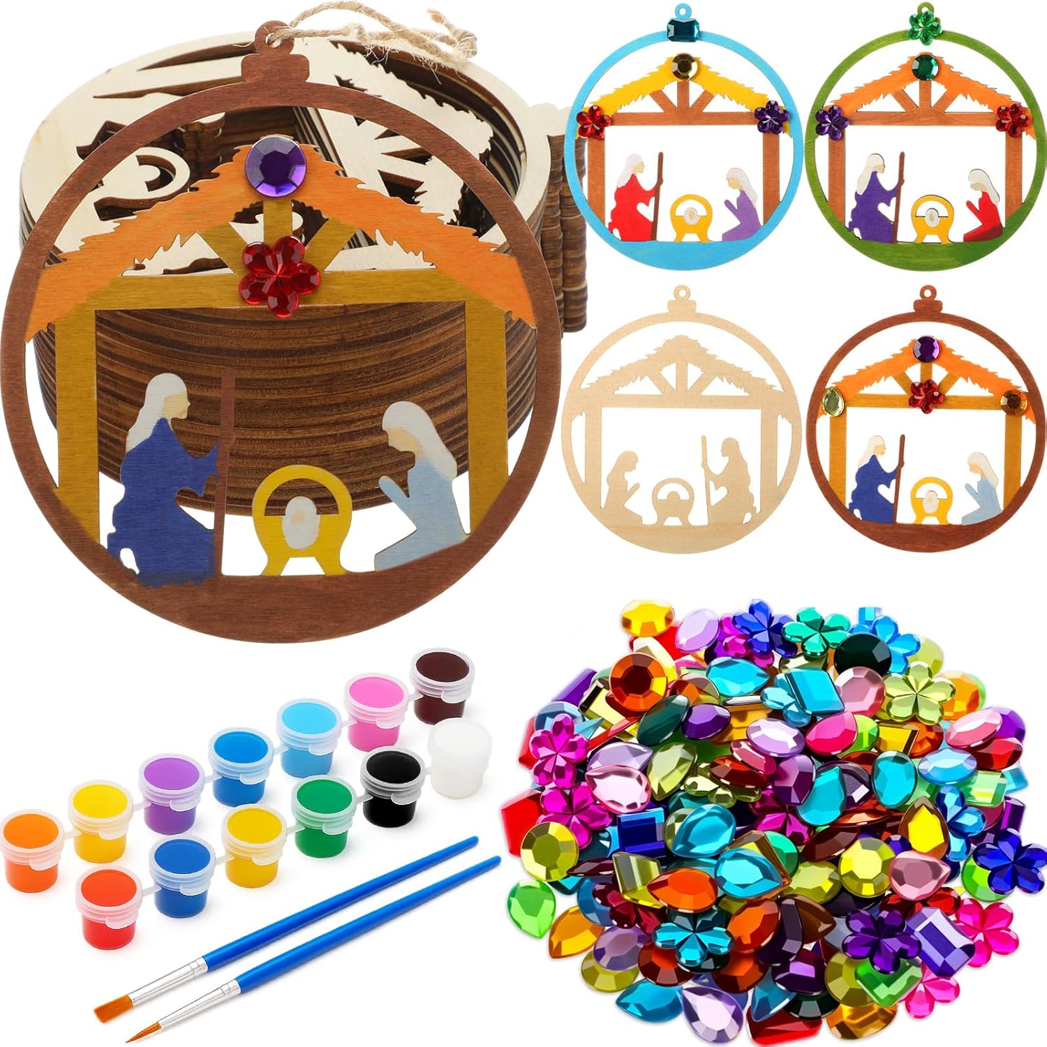 DoubleFill 24 Pcs Christmas Nativity Ornament Crafts Kits for Kids Classroom, Unfinished Wooden Nativity Hanging Ornaments, DIY Coloring Christian Wooden Craft for School Art Activity(Round)