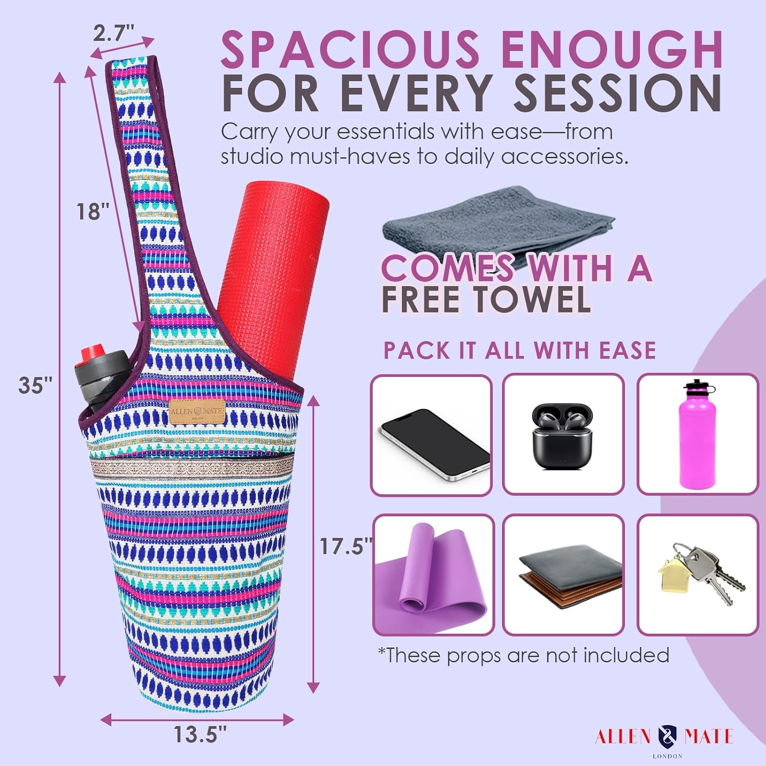 ALLEN & MATE 100% Cotton Unisex Yoga Mat Bag – Versatile Carrier with Mat Straps, Large Storage Pockets Fits Yoga & Pilates Mats - Image 4