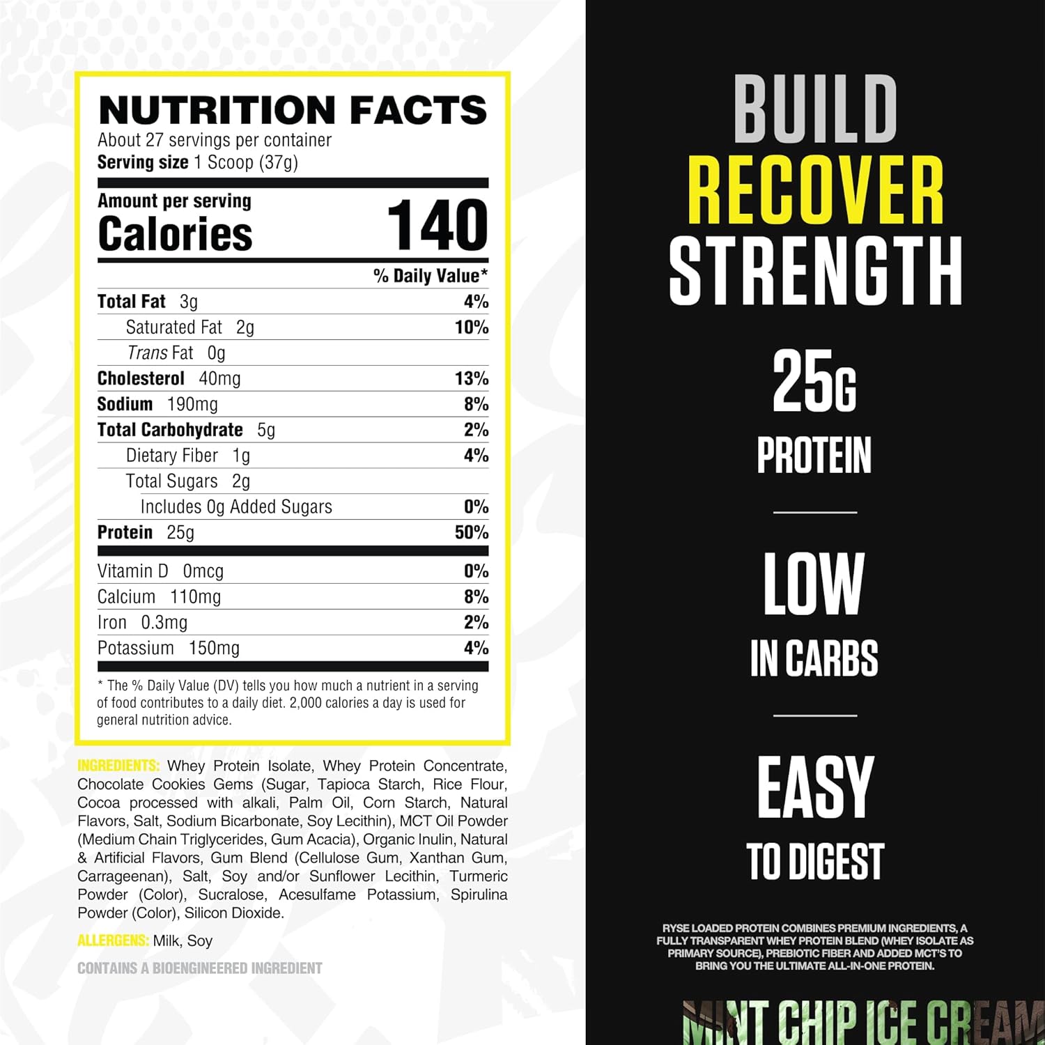 RYSE Loaded Protein Powder - Mint Chip Ice Cream - 25g Whey Protein Isolate & Concentrate with Prebiotic Fiber & MCTs - Low Carb, Low Sugar, Digestive-Friendly - 27 Servings / 2 lb Tub image 2