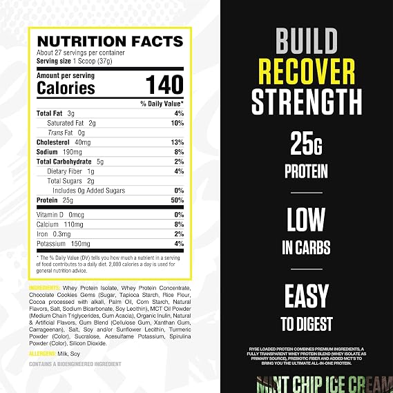 RYSE Loaded Protein Powder - Mint Chip Ice Cream - 25g Whey Protein Isolate & Concentrate with Prebiotic Fiber & MCTs - Low Carb, Low Sugar, Digestive-Friendly - 27 Servings / 2 lb Tub