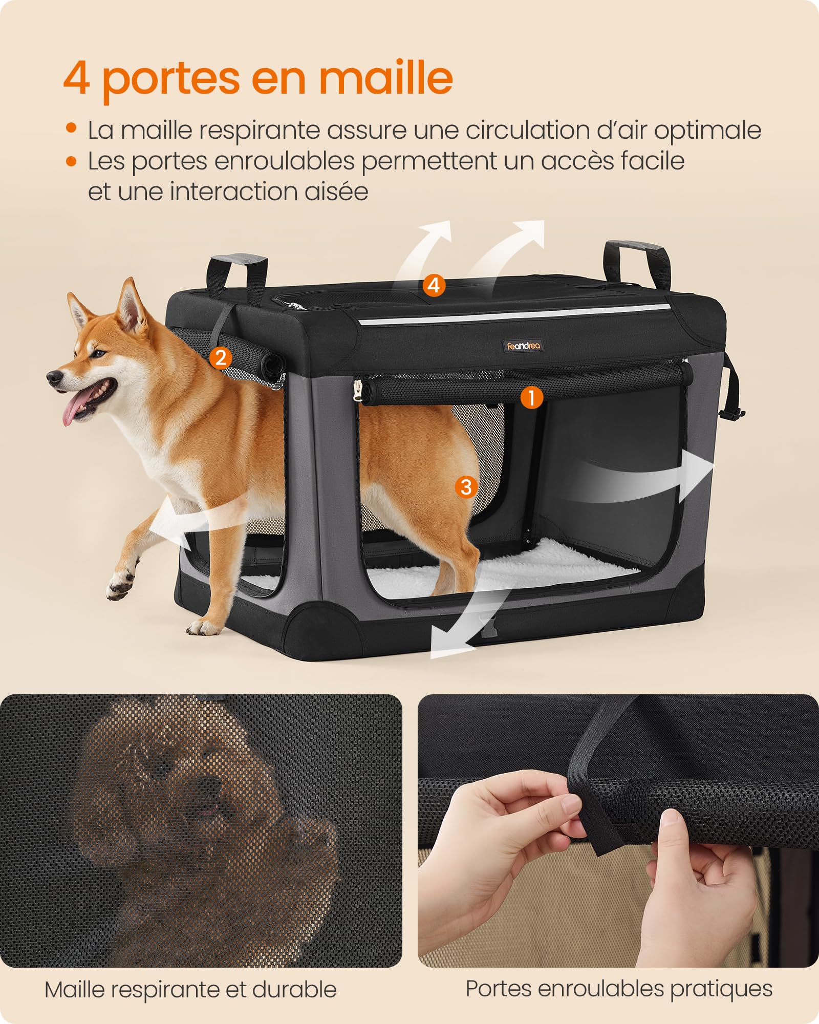 Feandrea Sac de Transport Chien, 76,2 cm Caisse Pliable Animaux de Compagnie, pour Chiens de Taille Moyenne, Tissu Oxford, Portes en Maille, Poignées, Poche de Rangement, Noir d'encre PDC017B01