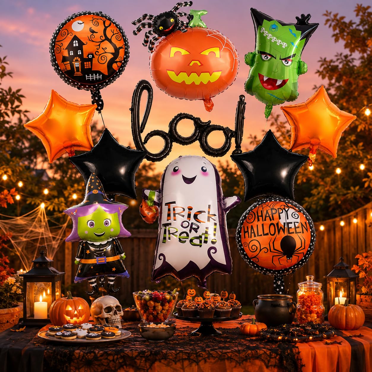 10 Stück Boo Ballon Set, XXL Geist Spinne Kürbis Hexe Monster Folienballon Mit Orange Schwarz Stern Rundes Halloween Party Deko Luftballon für Kinder Happy Nacht Party Dekoration