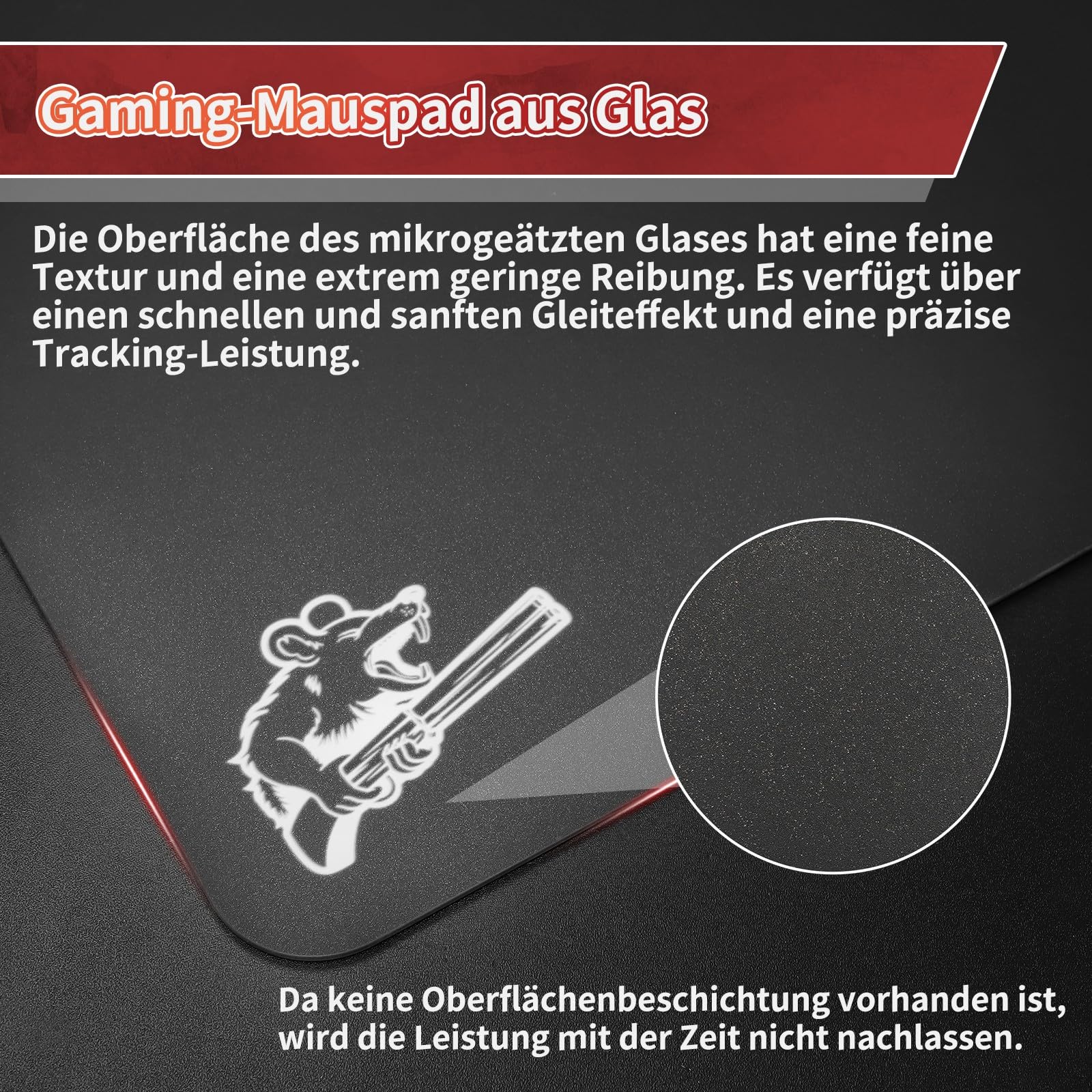 SIROOLAC 2.0 Gaming-Mauspad aus gehärtetem Glas,Für FPS-Spiele,Volldeckende Grundierung,Ätzverfahren,1,6 mm dünne Glasschicht,Neues Schießerlebnis(Schwarz,300mm*350mm)