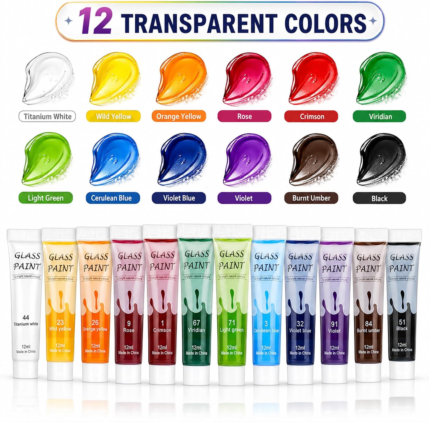 Happlee Artist-Grade Acrylic Glass Paint Stained Transparent Glass Window Paint Set Great for Glass Painting Wine Glasses Light Bulbs Ceramic Non-Toxic Waterproof Acrylic Enamel Paint Kit for Christmas Art Decor(12 Colors/5.04Oz)