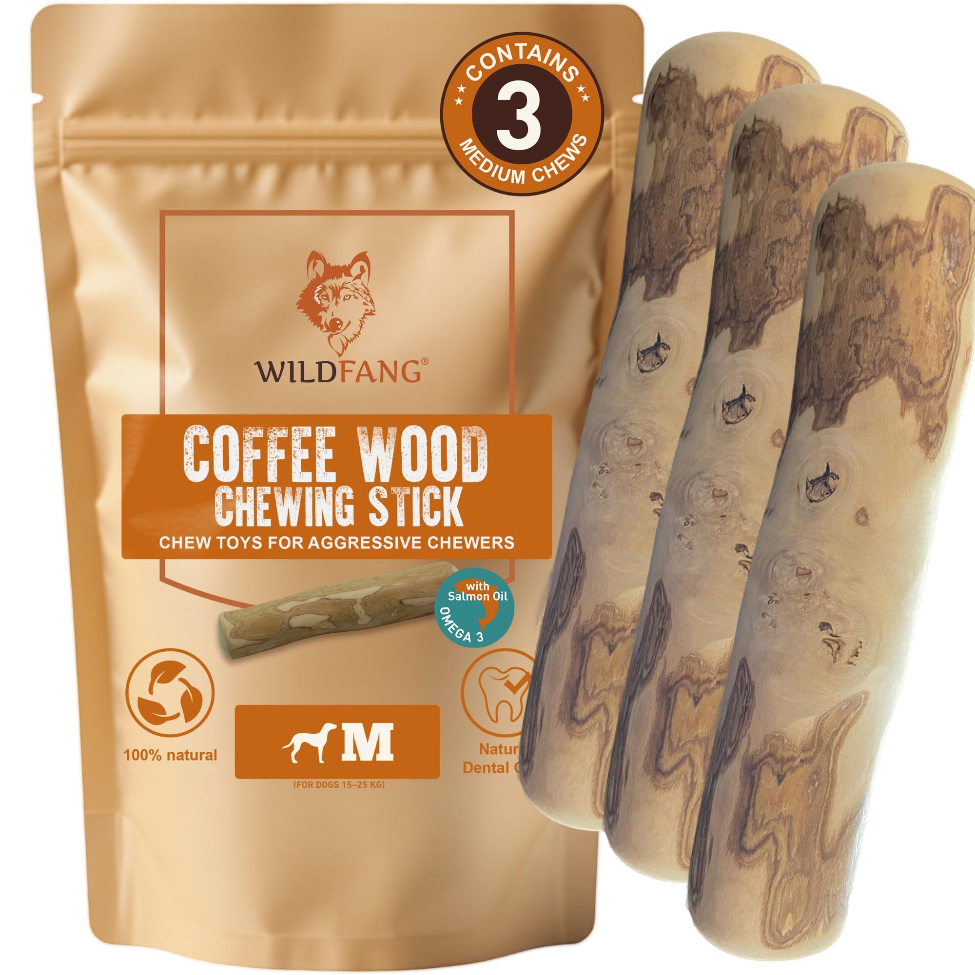 Wildfang® Coffee Wood Dog Chew w/Salmon Oil – Durable Dog Toys for Aggressive Chewers, Dental Stick for Teething Puppy Training for Chewing Muscles, Coffee Tree Sticks for Medium Dogs (15–25 kg), 3X