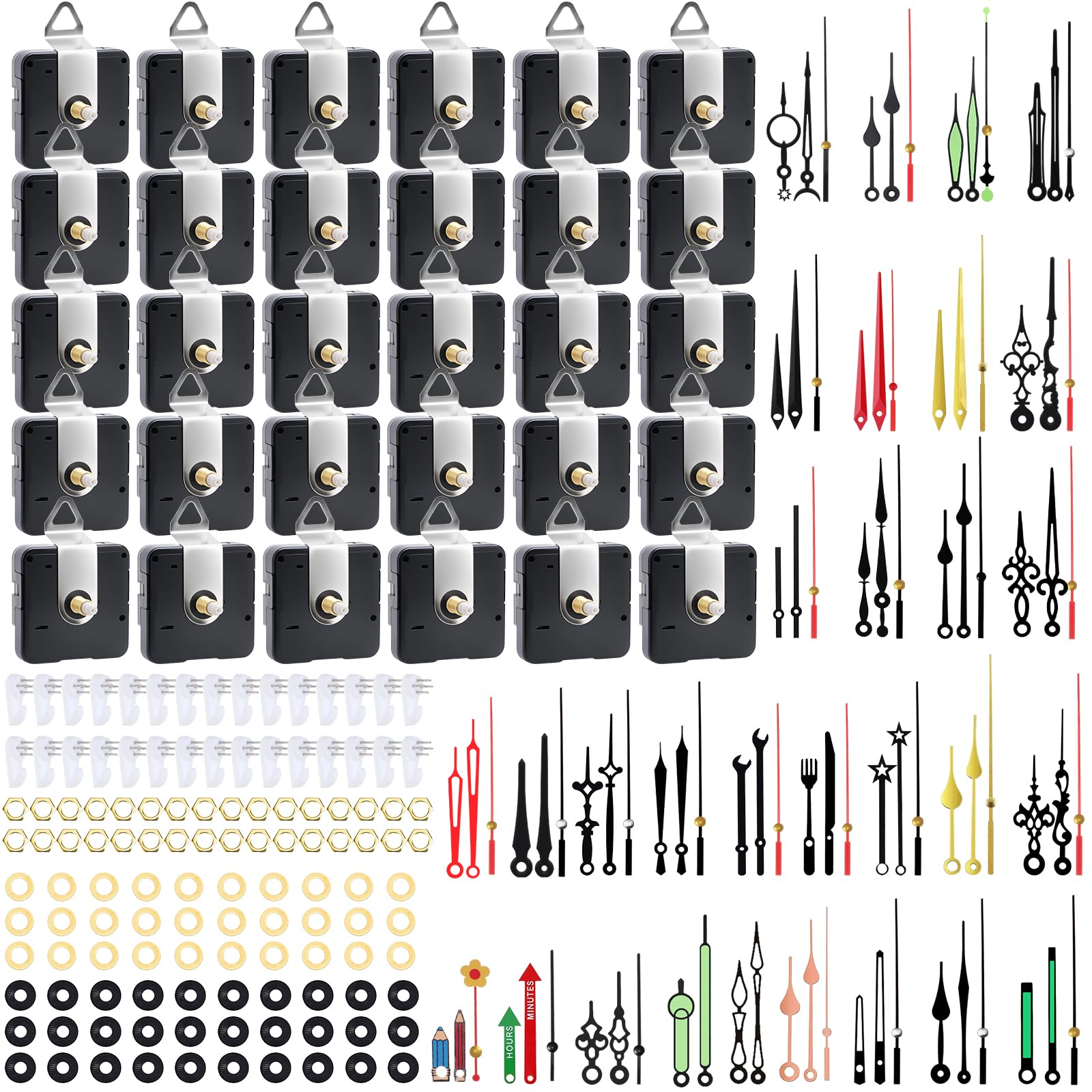 30 Stück Quarz-Uhrwerk-Mechanismus-Kit, leises Sweep, kein Ticken, 20 mm Gesamtschaft (11 mm Gewinde), passend für 3–6 mm Zifferblätter, 30 Zeigerstile, Haken zum Aufhängen und spurlose Nägel