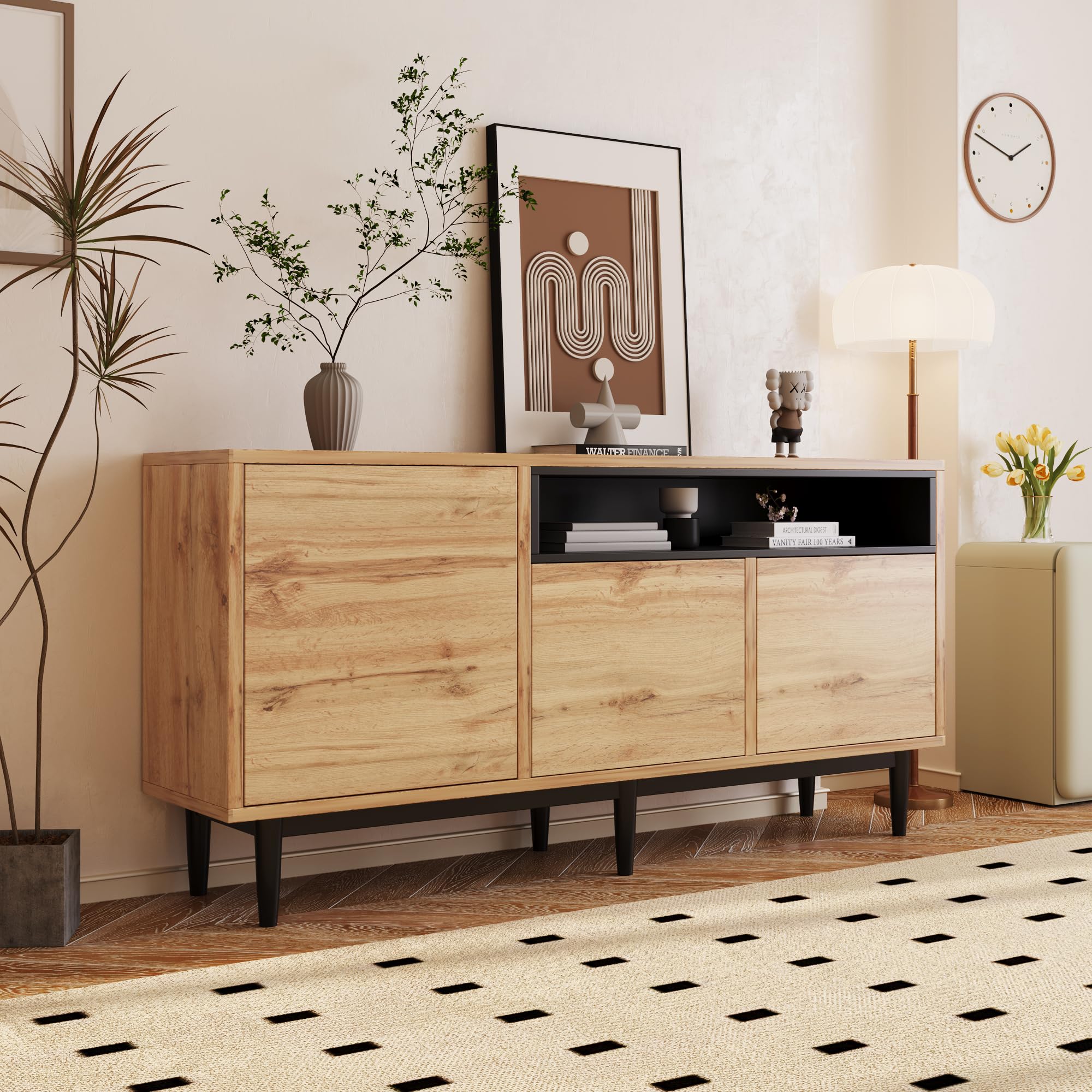 Casa & Arredamento - Aparador moderno de madera con tres puertas y estantes, montaje fácil, diseño que ahorra espacio, robusto y fiable, 160 x 35 x 76 cm