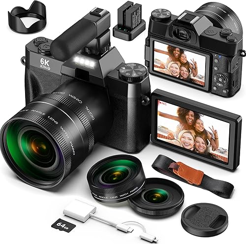 Yatao Cámaras digitales para fotografía y vlogging, pantalla abatible de 6K 64MP, lente dual, micrófono para video, tarjeta TF de 64 GB, cámara