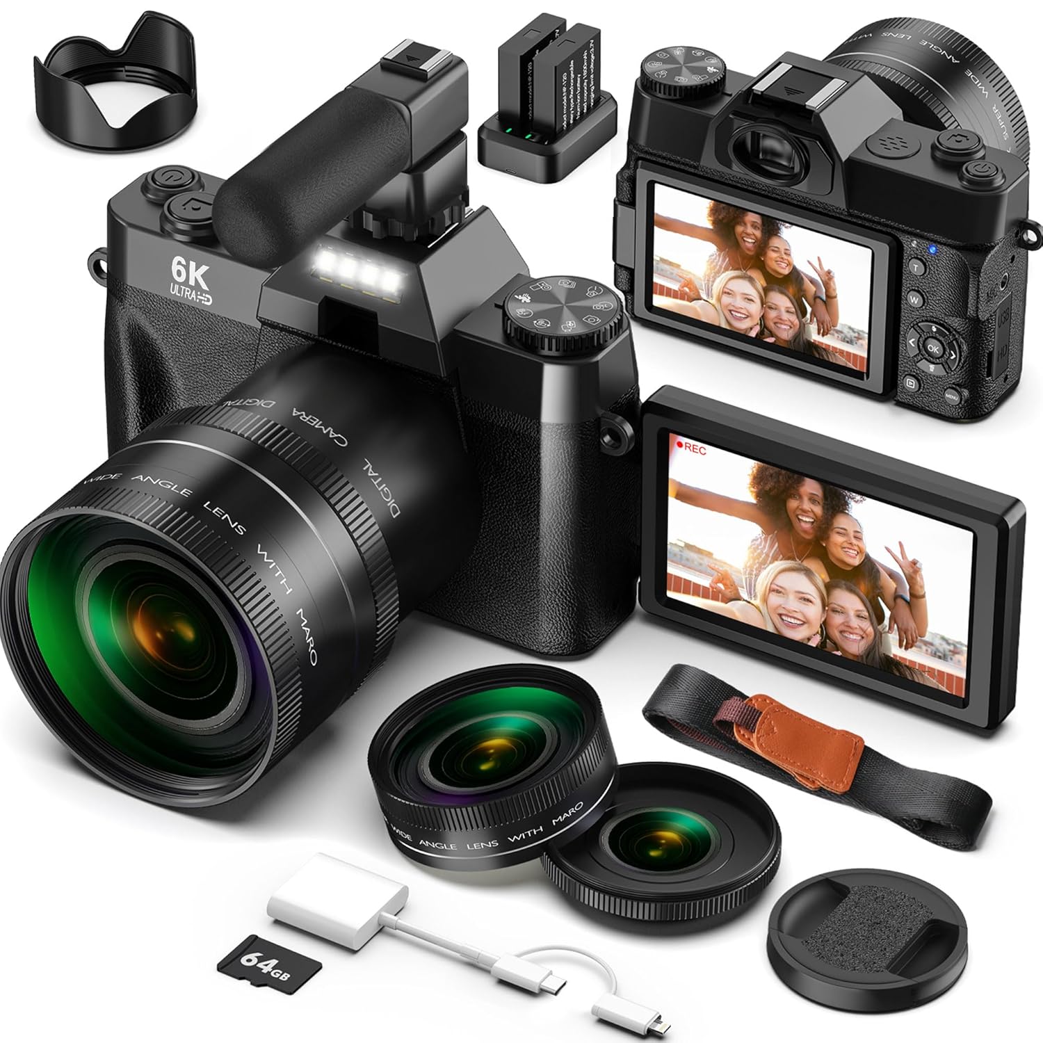 Yatao Digital Cameras for Photography and Vlogging, 6K 64MP Flip Screen, Dual Lens, Microphone for Video, 64GB TF Card, Compact Photo WiFi Camera for YouTube Kit Travel,...