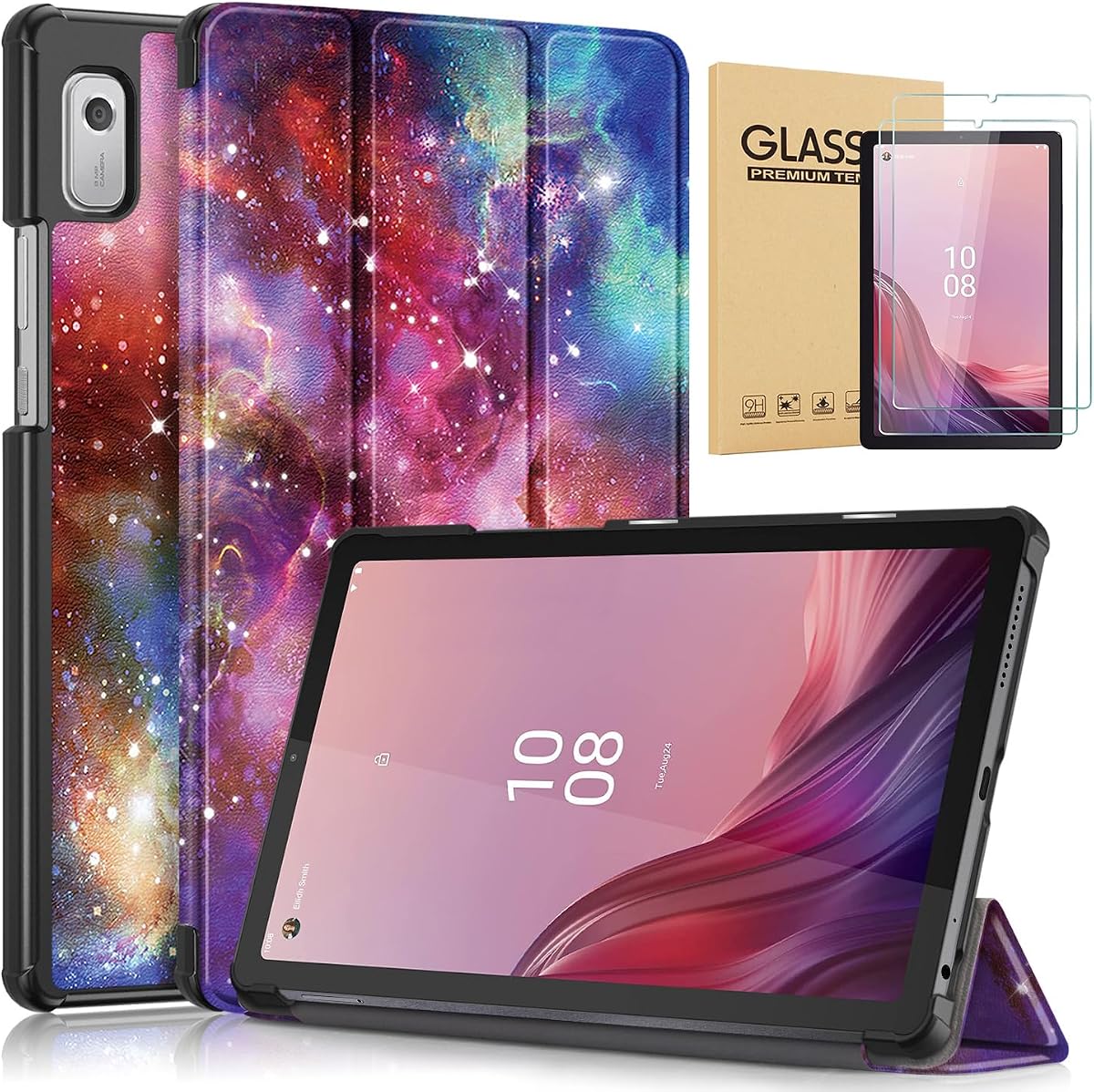 Case for Nook 9" Lenovo Tablet (2024) Ultra Lightweight Slim Shell Stand Cover with Auto Wake/Sleep and Glass Screen Protector for Barnes and Noble Nook 9 inch Tablet (Starry Sky)