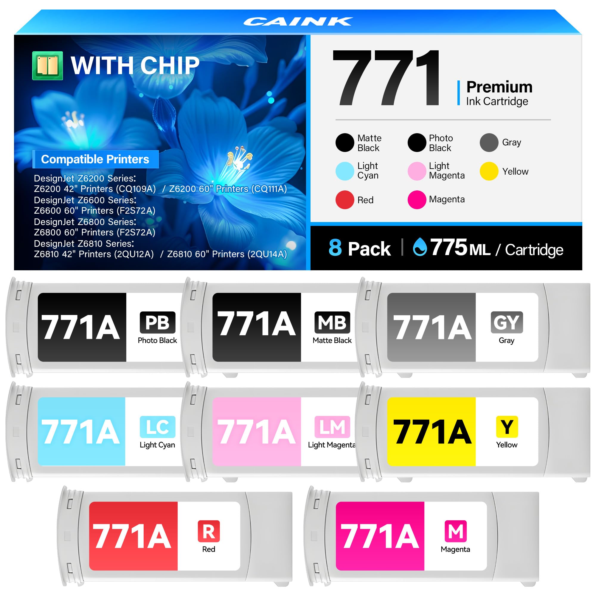 771 771A Ink Cartridges 775-ml Set 8-Pack High Yield Replacement for HP 771 771A Ink B6Y15A B6Y16A B6Y17A B6Y18A B6Y19A B6Y20A B6Y21A B6Y22A Compatible for HP DesignJet Z6200 Z6600 Z6800 Z6810 Printer