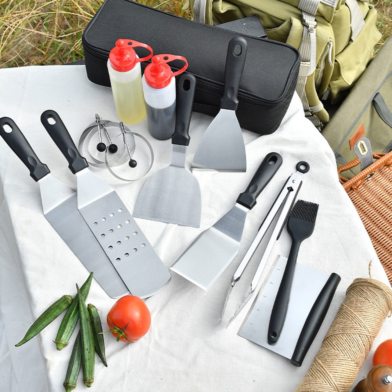 Zestaw przyborów kuchennych na kemping, zestaw narzędzi do grillowania, narzędzia do grillowania Przybory do grillowania ze stali nierdzewnej, przenośny zestaw przyborów do grillowania, odpowiedni do