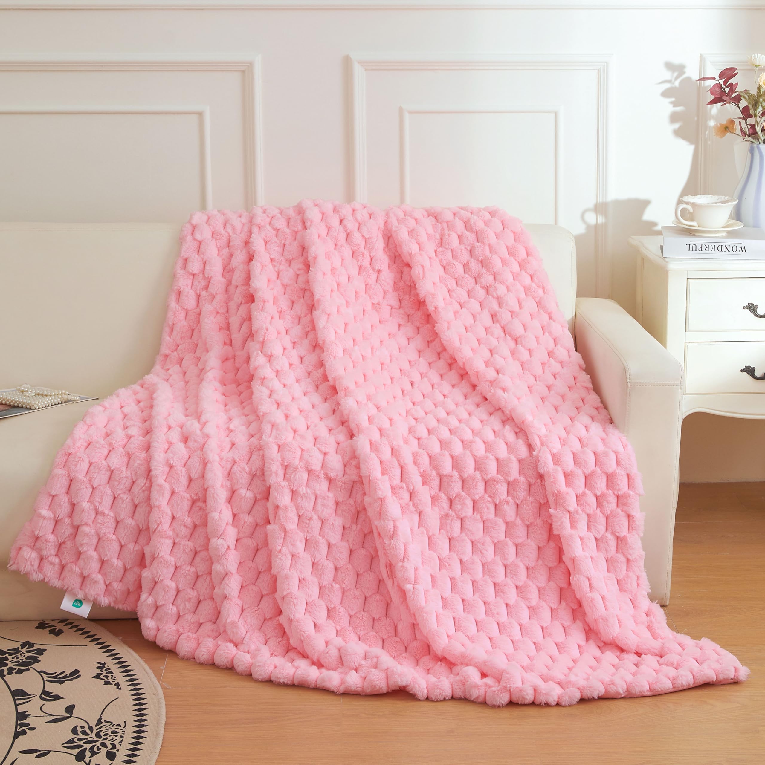 Couverture aspect fourrure de lapin rose 150x200 cm à bulles 3D XeGe pour lit