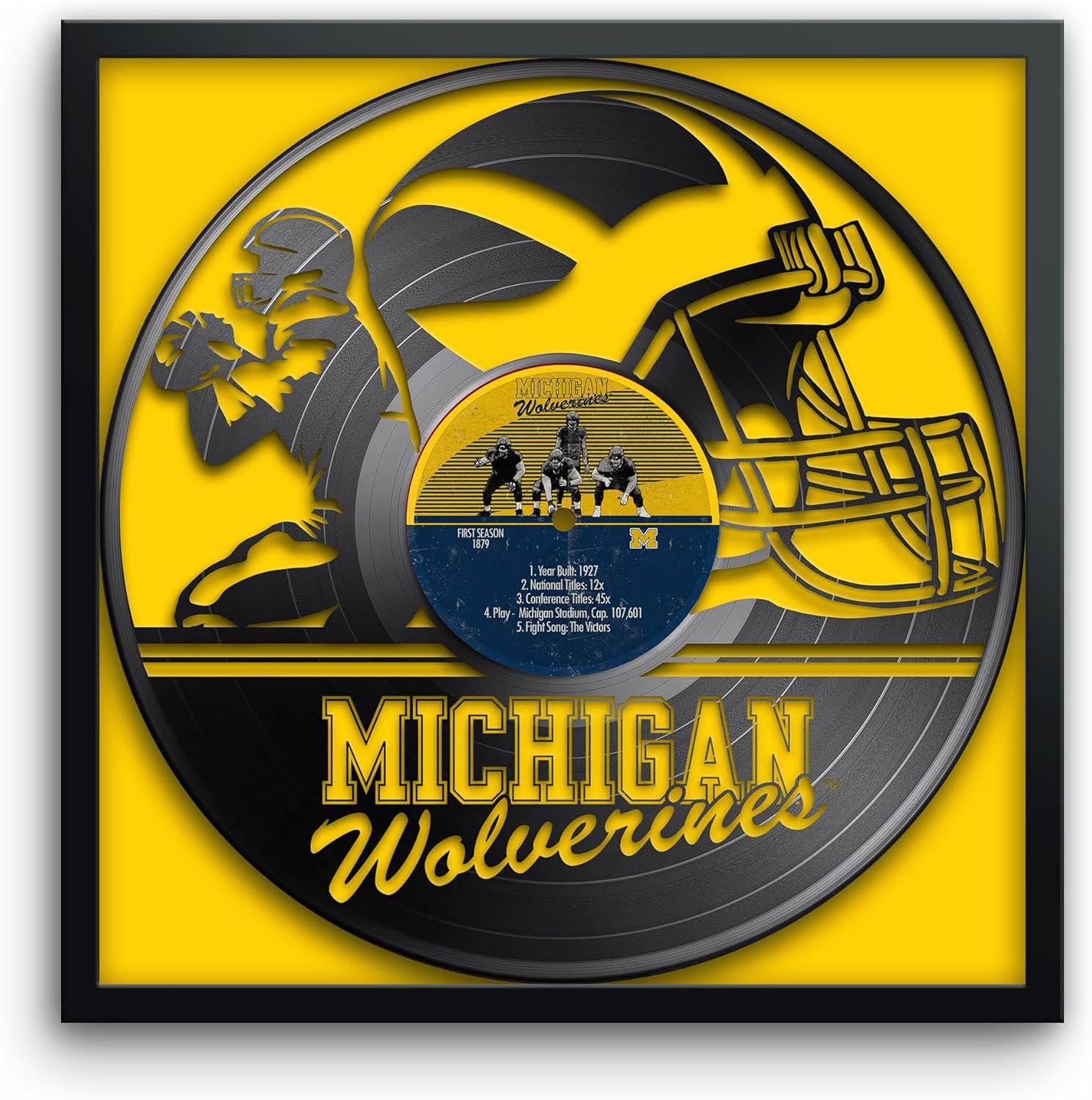 Sporticulture Football Wall Art Framed Vinyl Record Decor Print - 13X13 NCAA Football Posters For Boys Bedroom & Decorations for Man Cave - Michigan Wolverines