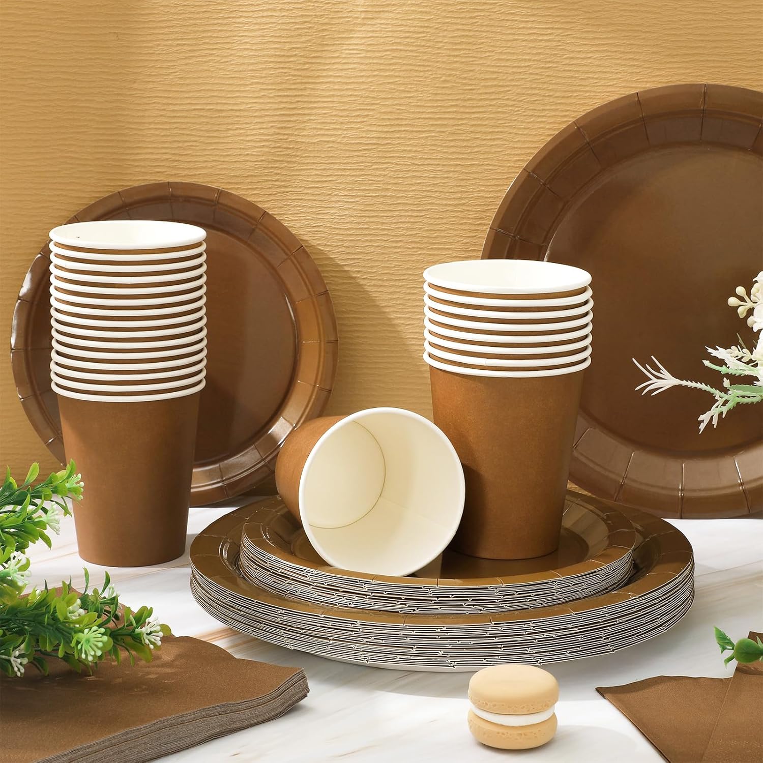 Whaline 100Pcs Brown Tableware Set Fall Disposable Dinnerware Set 50Pcs Paper Plates 25Pcs Napkin 25Pcs Cups for Wedding Birthday Bride Shower Party Supplies Table Decor