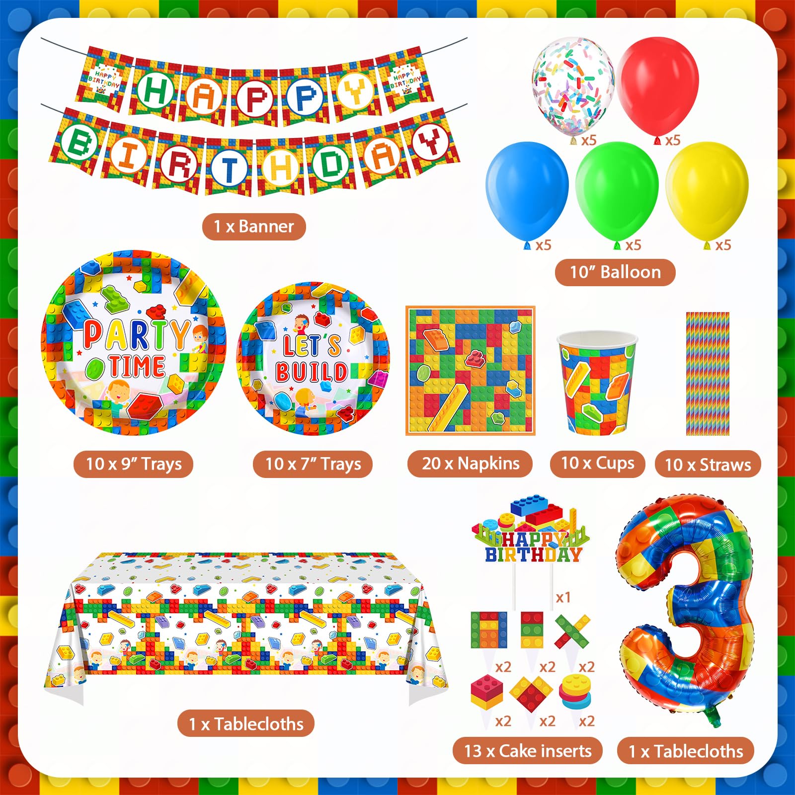 Set Stoviglie Compleanno A Tema Blocchi - 16 Porzioni, Con Piatti, Tazze, Tovaglioli E Tovaglia - Foto 3