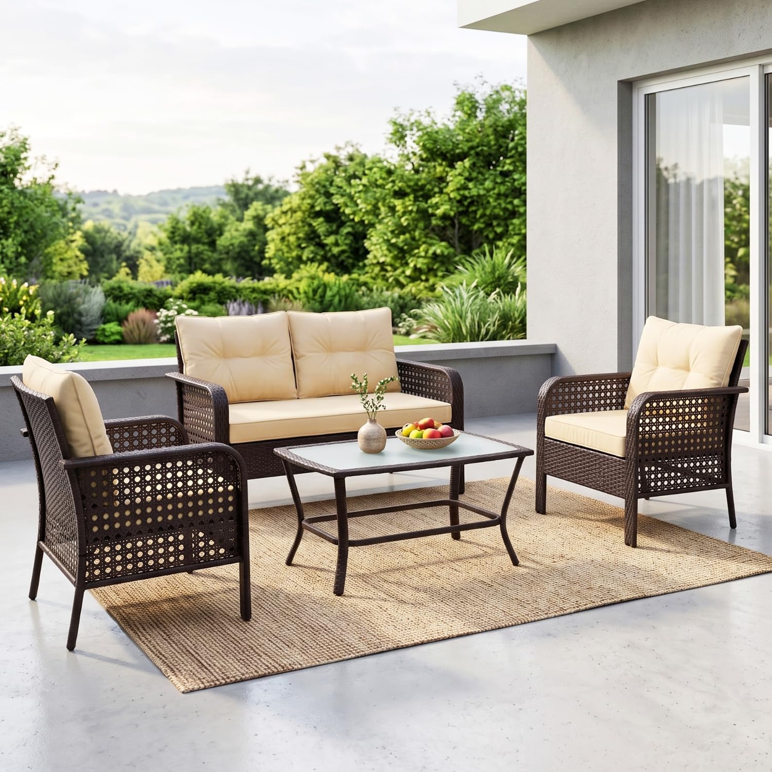 DEVOKO 4PCS Patio Wicker Furniture Set Loveseat Sofa Coffee Table Dark Brown Rattan Chairs and Cream Cushions Outdoor Furniture for Backyard, Garden, Blacony-image-49