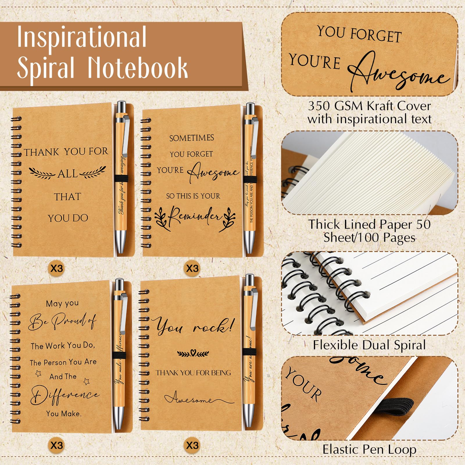 Sinmoe 12 Sets Christmas Thank You Gifts for Colleague Employee Appreciation Gifts Inspirational Notebook Ballpoint Pens Kraft Lined Notepad Christmas for Coworker Teacher Volunteer Staff - Image 3