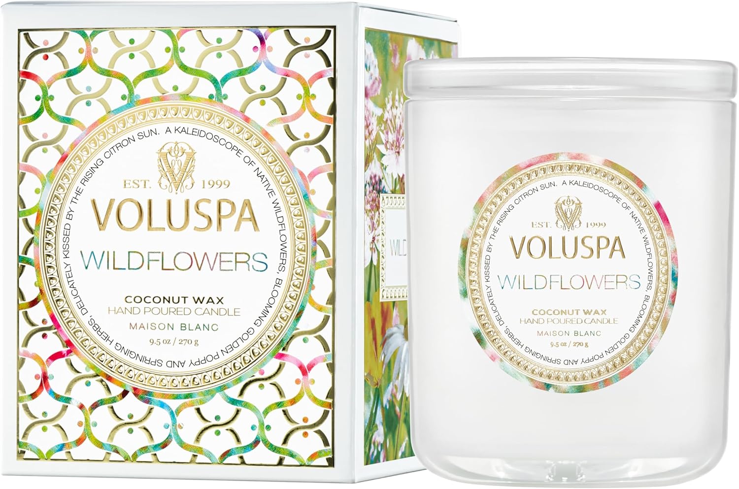 Voluspa Wildflowers, Classic Boxed Candle, 9.5 Ounce, 60 Hour Burn Time, Coconut Wax for Clean Burning, Handcrafted in The USA
