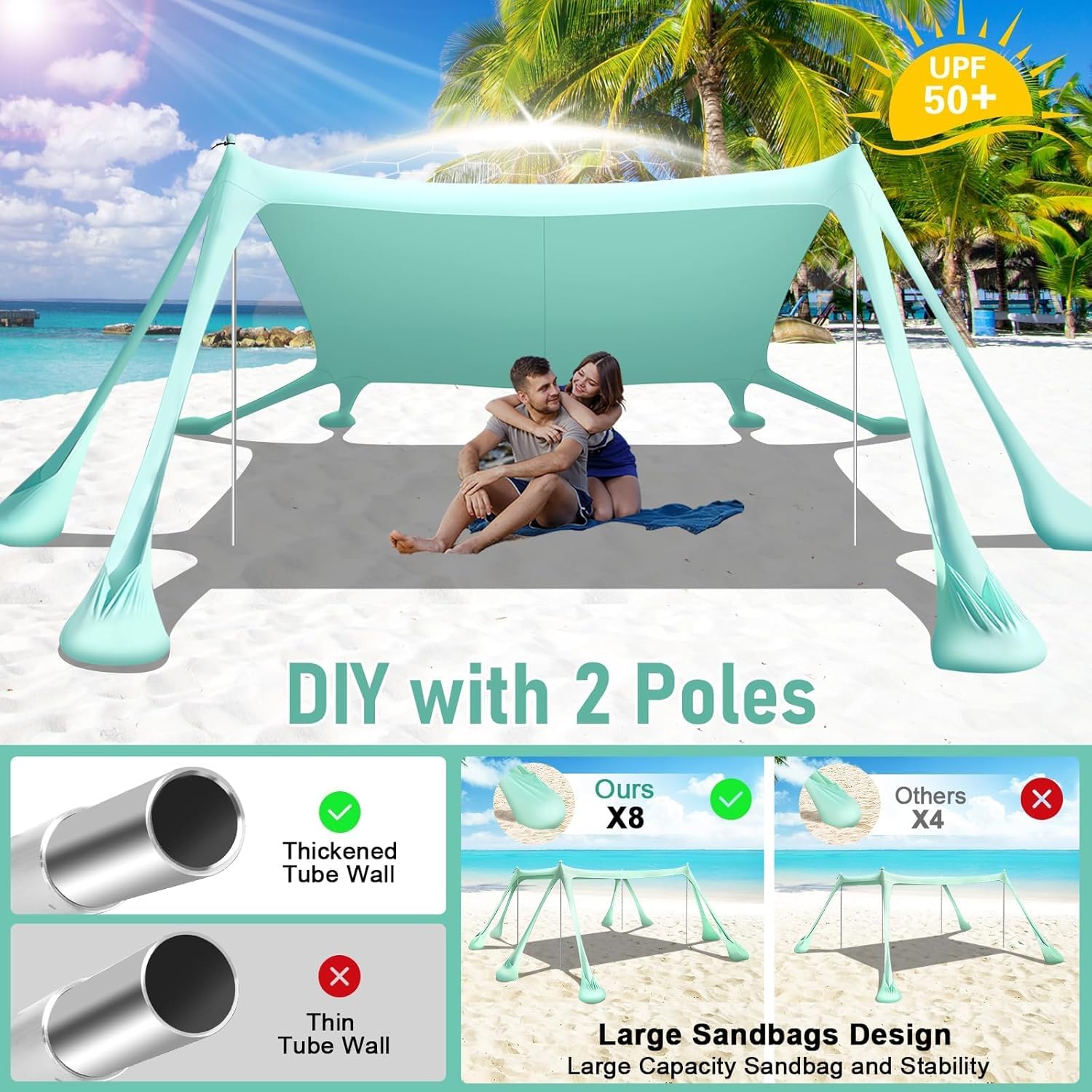 Beach Tent Sun Shelter Beach Canopy Tent Sun Shade Pop Up 10x10 UPF50+ with 8 Sandbags-2 Sand Shovel-Portable 4 Aluminum Poles-Ground Pegs-Easy Setup for Outdoor Family Camping Fishing Picnic