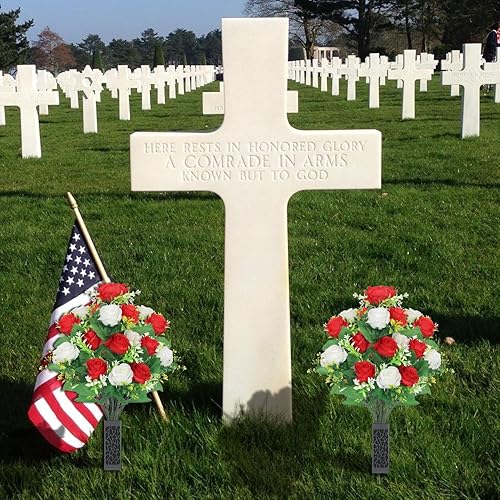 Miniatura 5 de Lodou 2 juegos de flores artificiales de cementerio, flores artificiales de cementerio con jarrón, flores conmemorativas, ramo de rosas