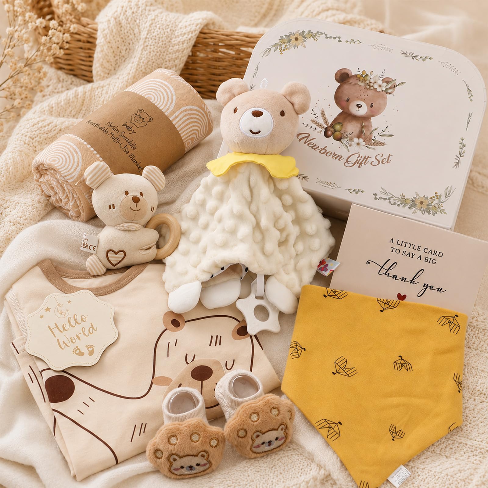 Set Regalo Neonato Nascita, Regalo Nascita per Bimbo e Bimba | Pagliaccetto Neonato, Doudou Neonato con Massaggiagengive, Calzini Neonato, Bavaglino, Sonaglio Neonato e Biglietto Auguri