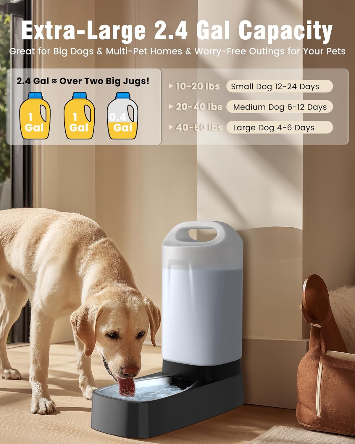 Automatic Dog Water Bowl Dispenser - 2.4 Gallon Stainless Steel Gravity Pet Water Feeder with Ergonomic Handle Design Anti Splash Drinking Bowl Without Filter Easy to Clean Multi Pet Use - Image 4