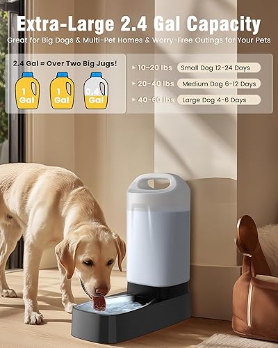 Miniatura 4 de Dispensador automático de agua para perros, alimentador de agua para mascotas de acero inoxidable de 2.4 galones con diseño de mango ergonómico