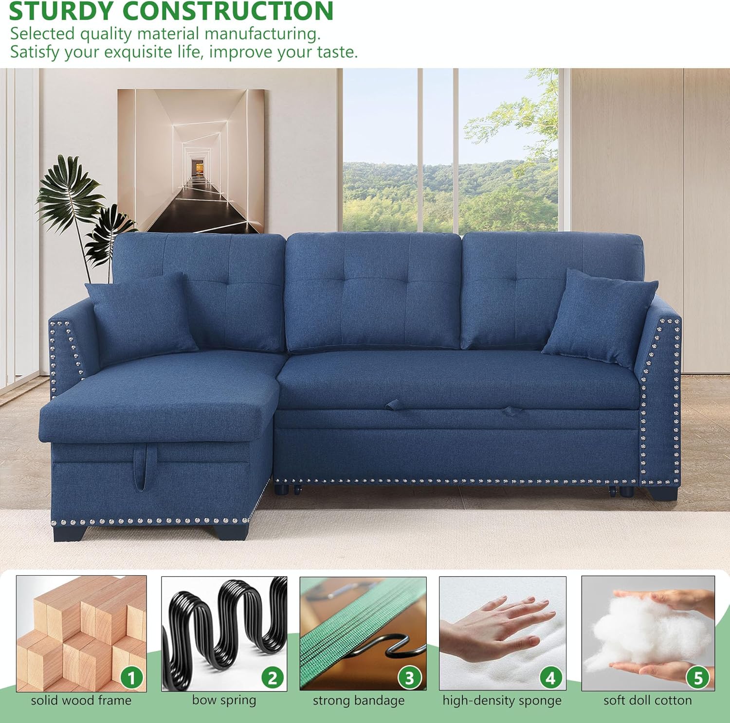 BEEY Sectional Sleeper Sofa with Pull Out Bed and Storage Chaise for Living Room (Blue2, L Shaped)
