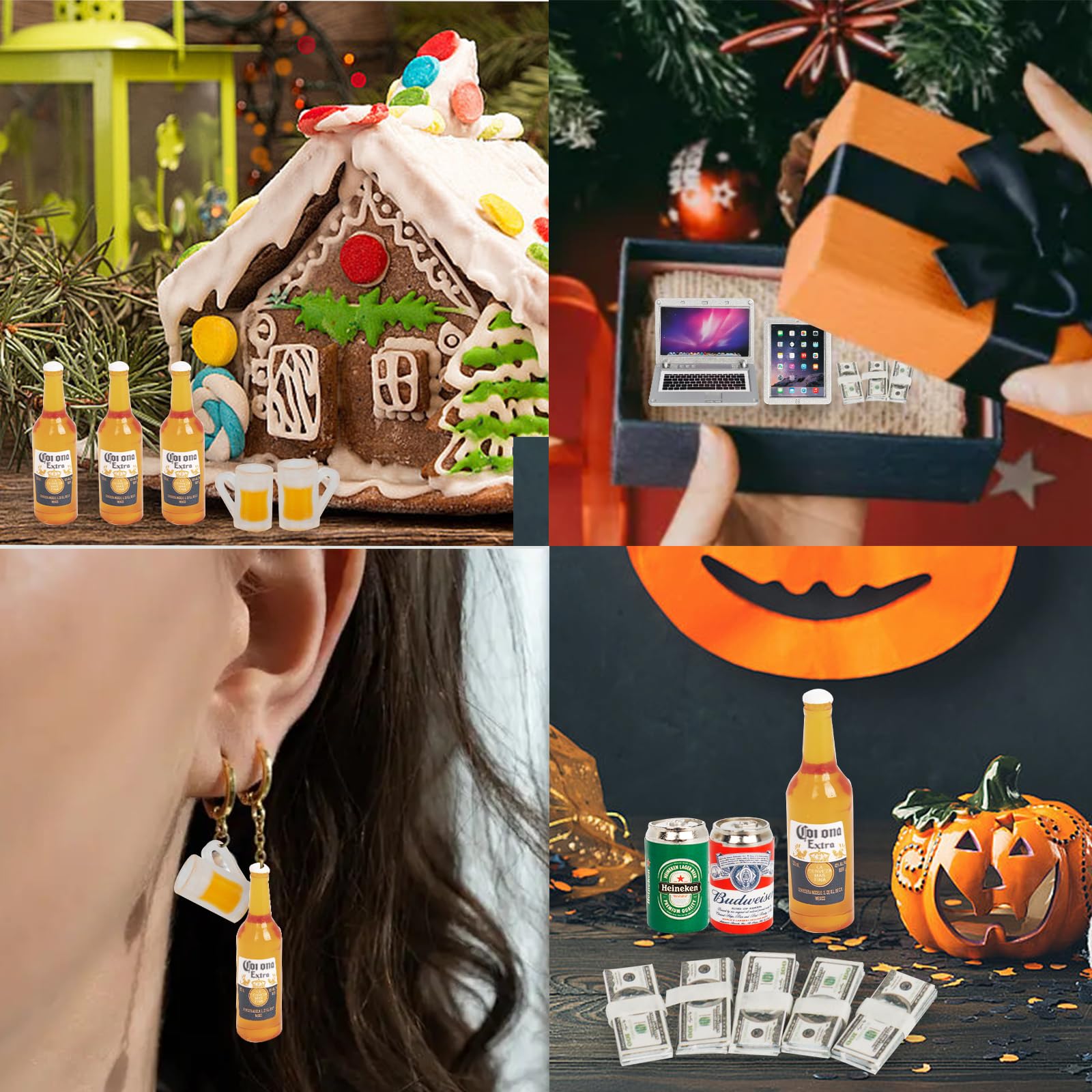 Juego de 24 mini botellas de cerveza, a escala 1:12, latas de cerveza en miniatura de vidrio, mini tableta, teléfono inteligente, juego de billetes de dólar, modelo de escena en miniatura para 7