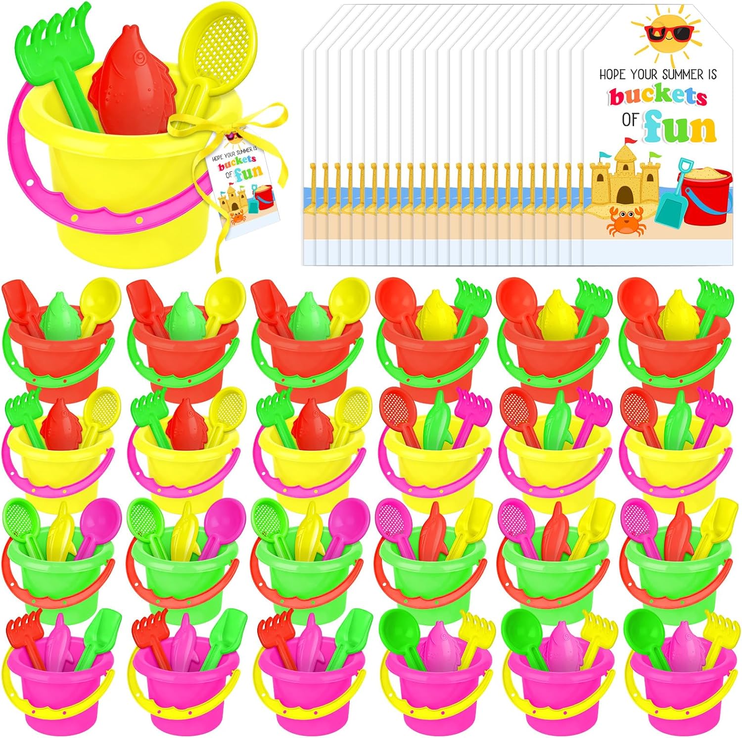 121 Pcs End of School Year Student Gifts Bulk Sand Buckets Shovels Scoop Rake Cards Ribbow Mini Beach Playsets Set for Summer Outdoor Beach Birthday Party Favor