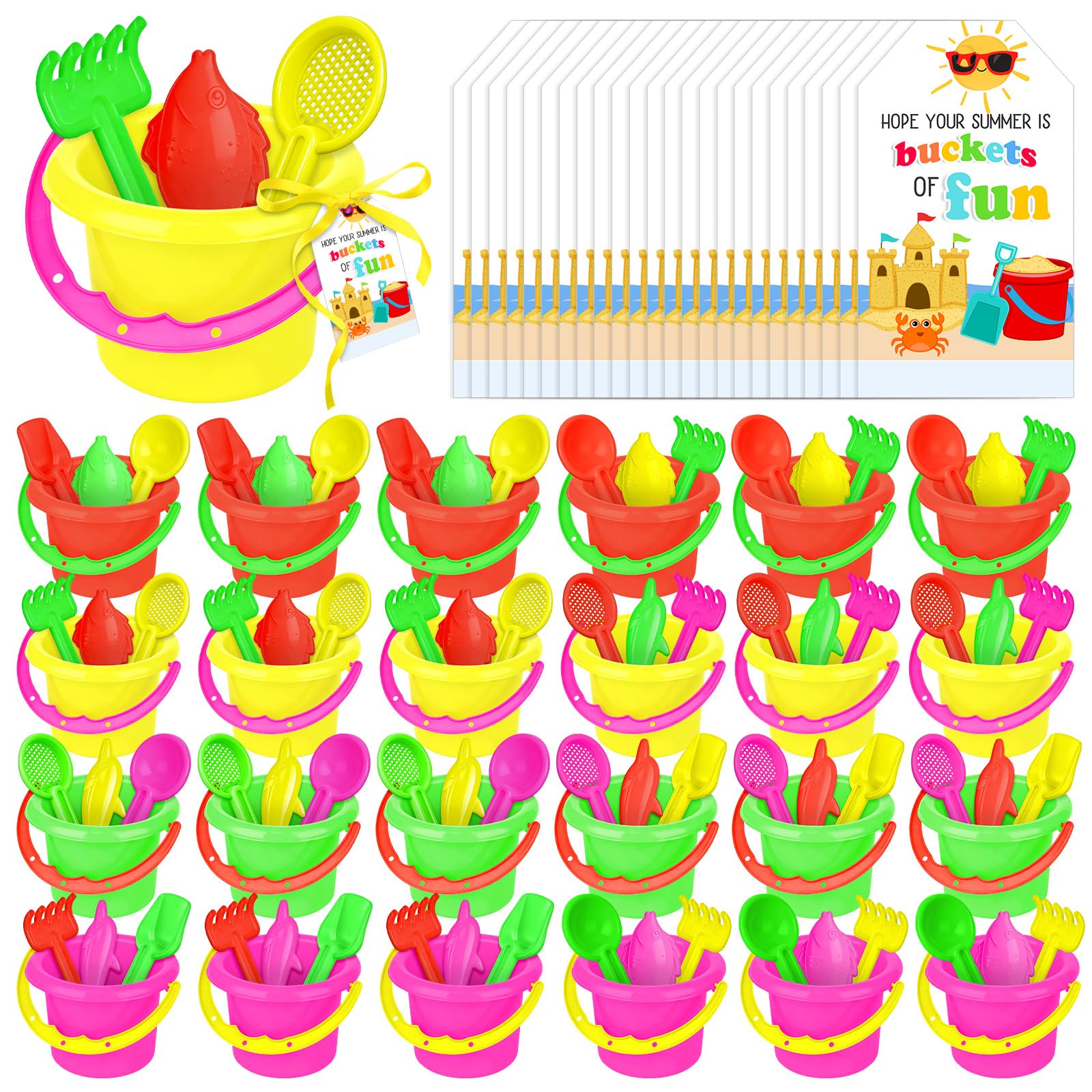 Lot de 121 seaux à sable en vrac pour étudiants - Pelles, râteau, cartes, ruban - Mini ensemble de jeux de plage pour l'été, l'extérieur, la plage, les fêtes d'anniversaire