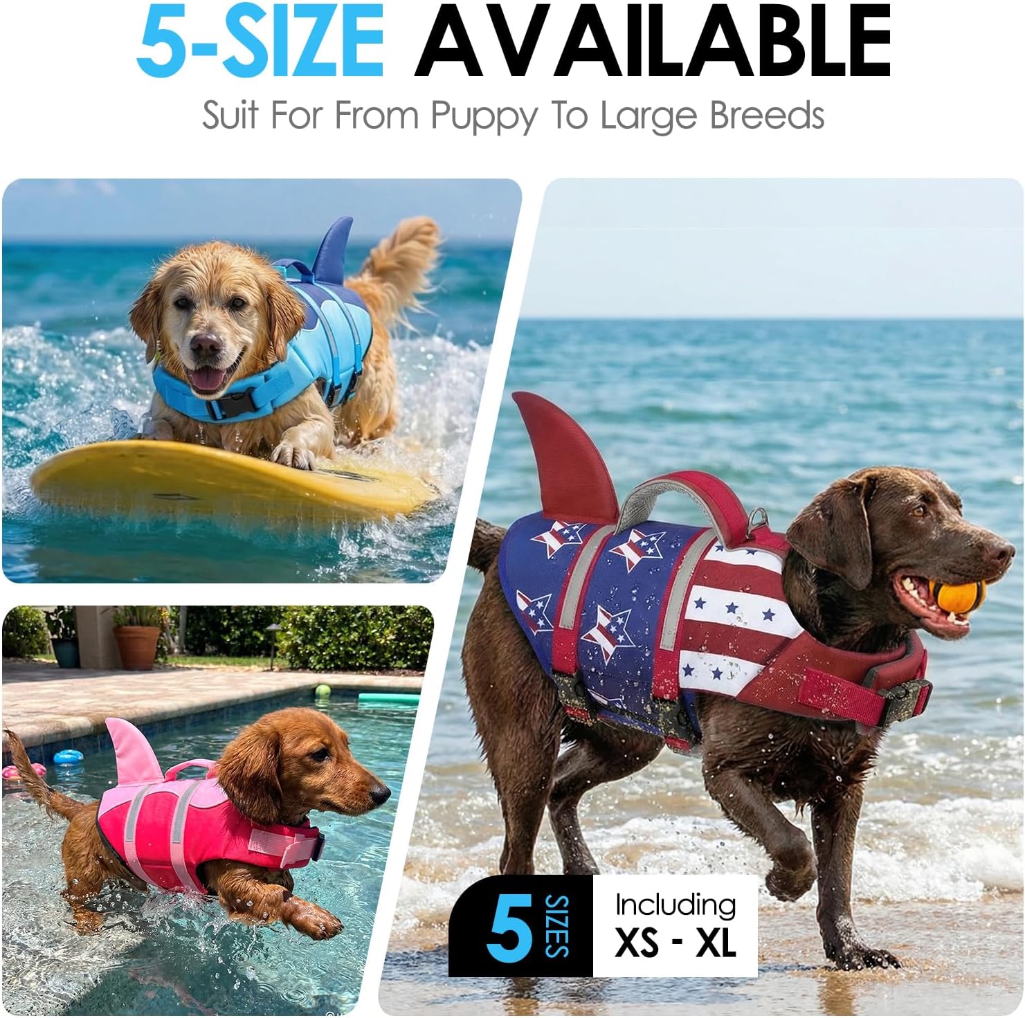 AOFITEE Dog Life Jacket, Dog Life Vest for Swimming, High Flotation Large Dogs Swim Vest with Rescue Handle and Reflective Stripe, Dogs Lifesaver Swimsuit for Boating Summer Pool Beach, USA Flag XL