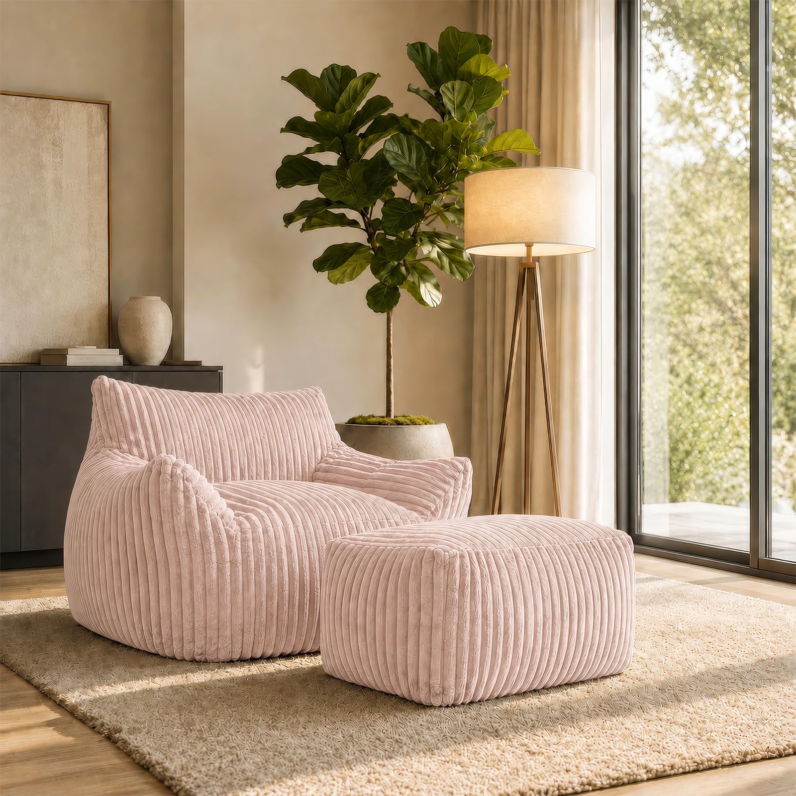 Pouf XXL pour adultes avec ottoman – Fauteuil inclinable ergonomique avec 5 zones de soutien, housse de cordon, rembourrage en mousse à rebond élevé, gain de place pour salon (rose)