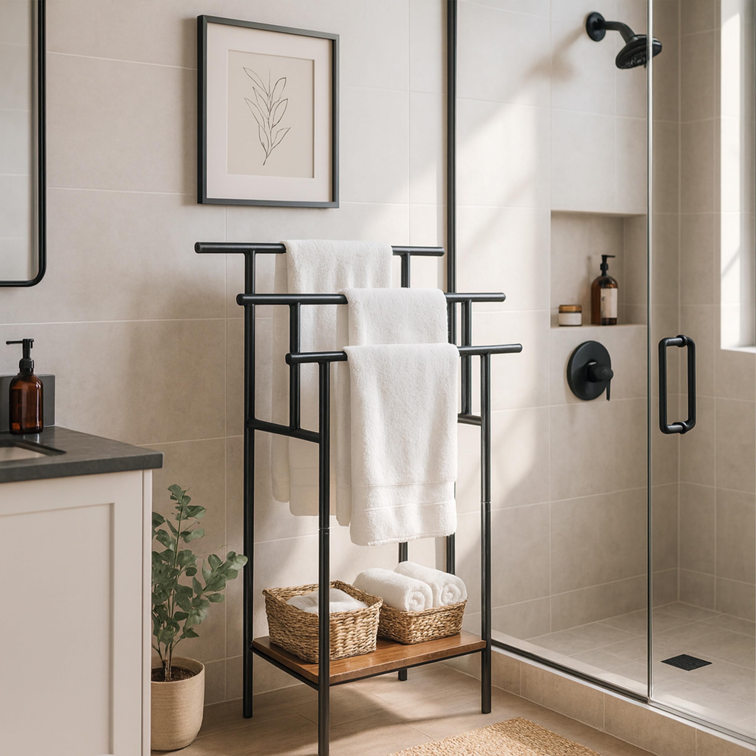 Porte-Serviettes Relaxdays sur Pied, 3 Barres/étagère, 100 x 68 x 30 cm, Style Industriel, Brun/Noir
