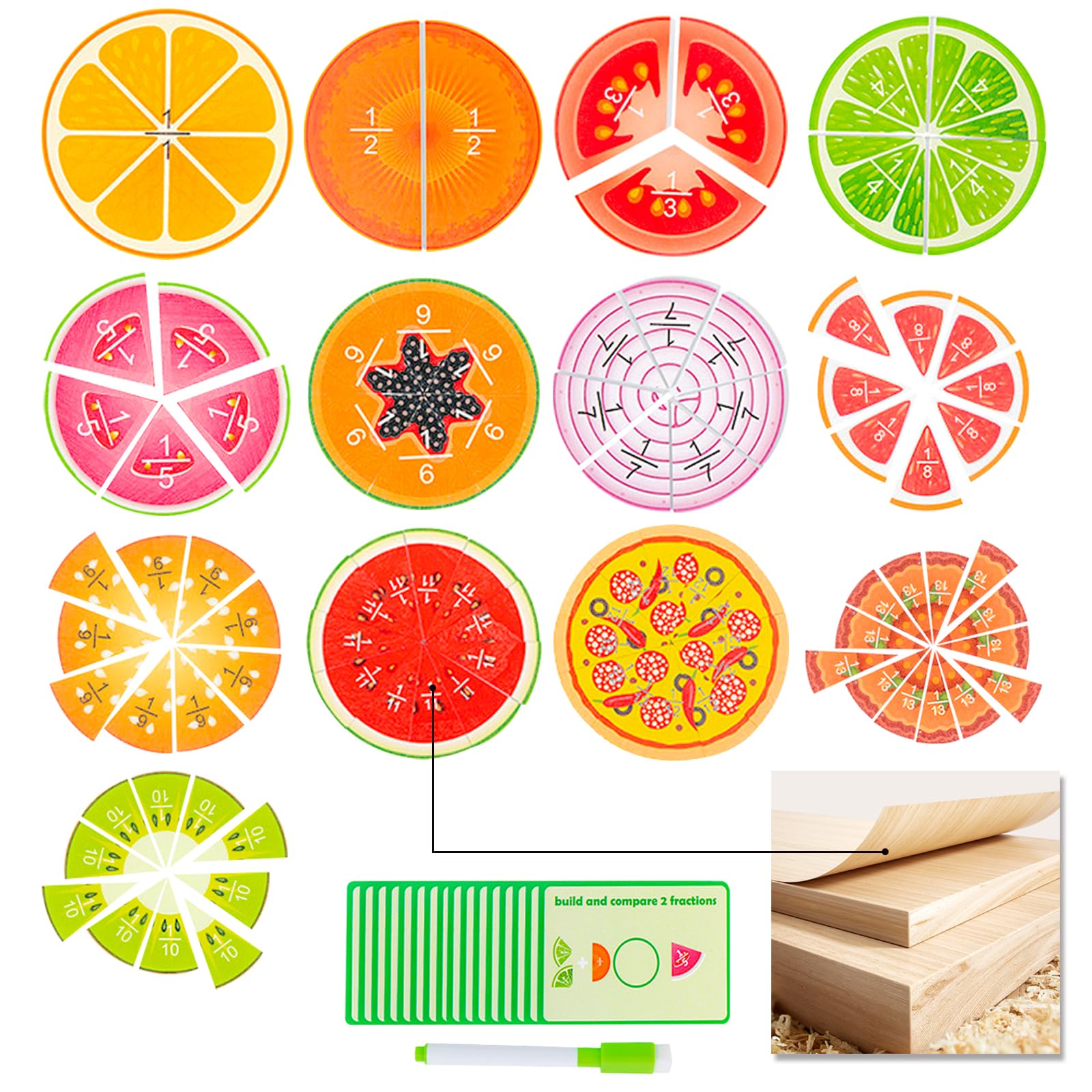 KUKUTrueยฎ Montessori Toy for 5 6 7 8 9 Years, Wooden Fruit Fraction Board for 5 Year Old, Math Learning Toys, Educational Toys, Wooden, Gift 5-9 Kids Boys Girls