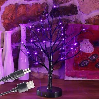 Lighted Black Artificial Spooky Tree, 18 Inch Halloween Tabletop Tree with Purple Lights 24 LED Table Centerpiece with Timer, USB & Battery Operated for Indoor Office Home Bedroom Desktop Use