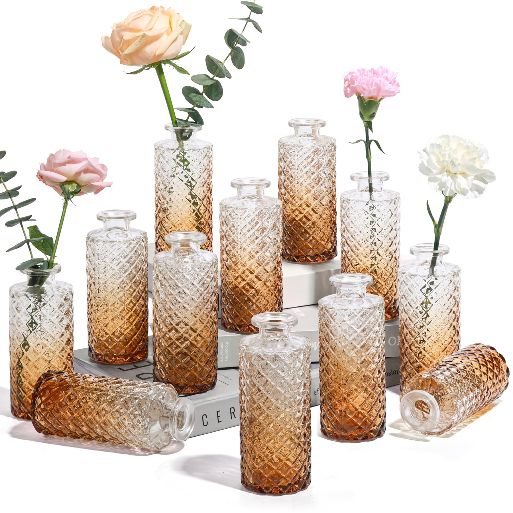 ComSafGlass Bud Vases Set of 12, Small Diamond Bud Vases in Bulk, Mini Flowers Vases for Centerpieces, Vintage Decor Centerpiece for Table, Wedding Recepetion, Home, Gift (Gradient Amber)