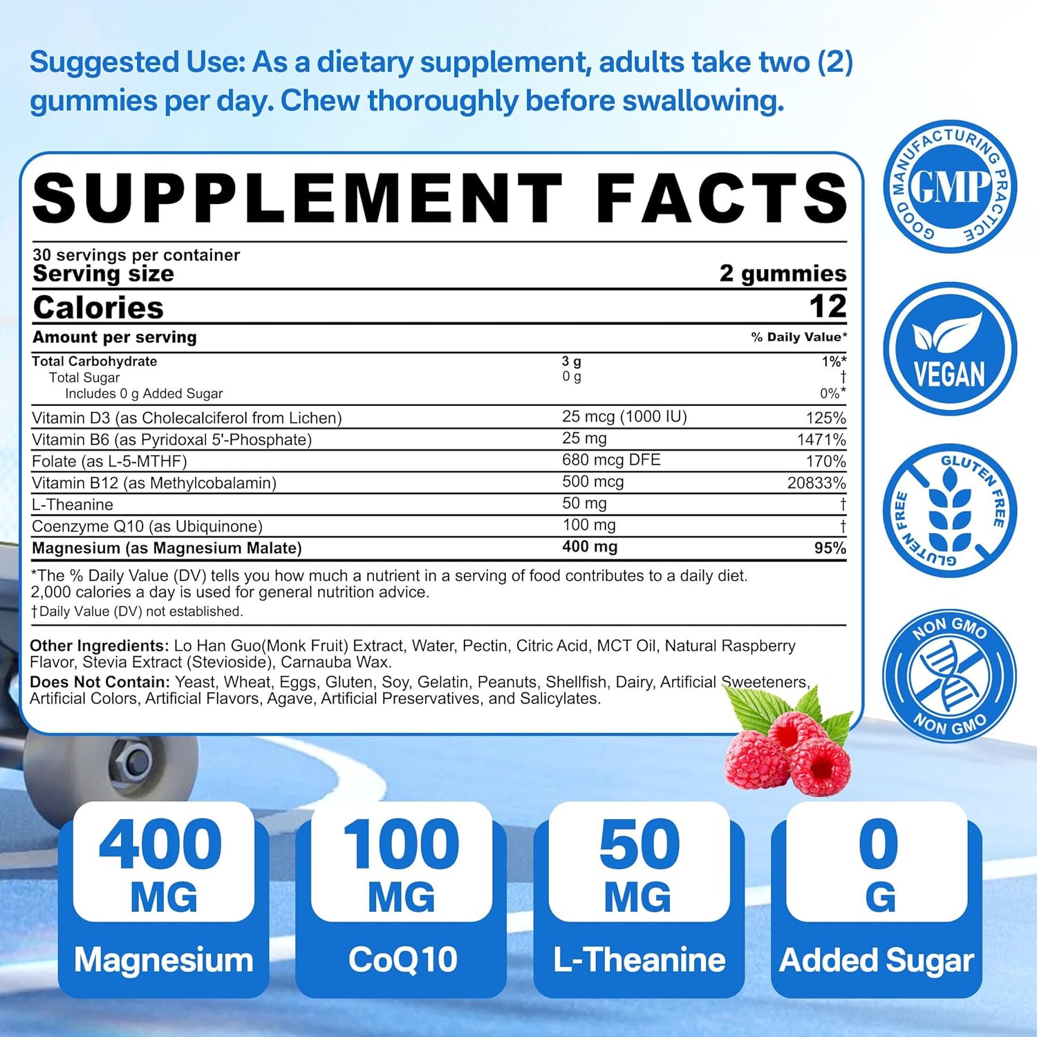 Nextdia Magnesium Malate Energy Gummies Plus L-Theanine, CoQ10, Methyl B12, Methylfolate, B6 & D3-400mg Magnesium Gummy Sugar Free for Women Men, Supports Muscle Function, Calm & Relax, Vegan, 60 Cts