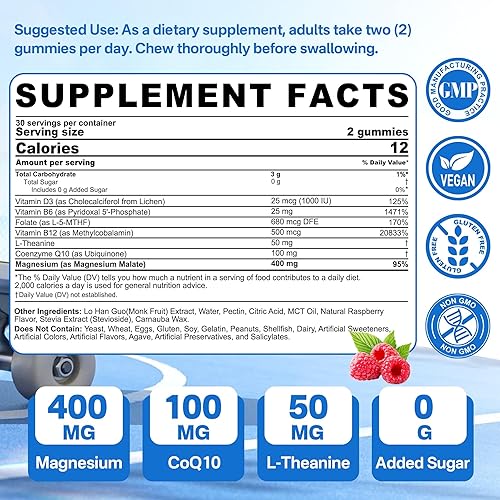 Miniatura 2 de Gomitas de malato de magnesio  Magnesio 400 mg, L-5-MTHF Folato 680mcg, metil B12, B6, L-teanina y CoQ10  Complejo de magnesio metilado sin azúcar