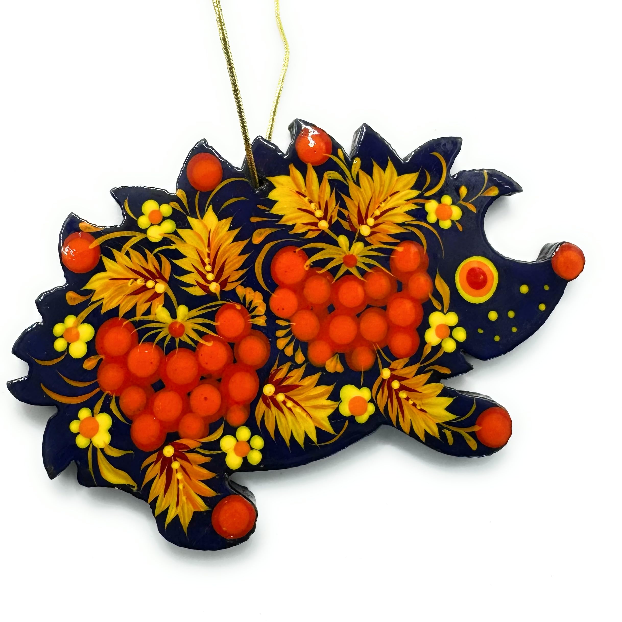 Hedgehog Christmas Ornament Wooden 3.9 х 2.8 х 0.2 inch. Hanging Forest Animal Decor Hand-painted Traditional Ukrainian Floral Patterns of Petrykivka Painting — image 1