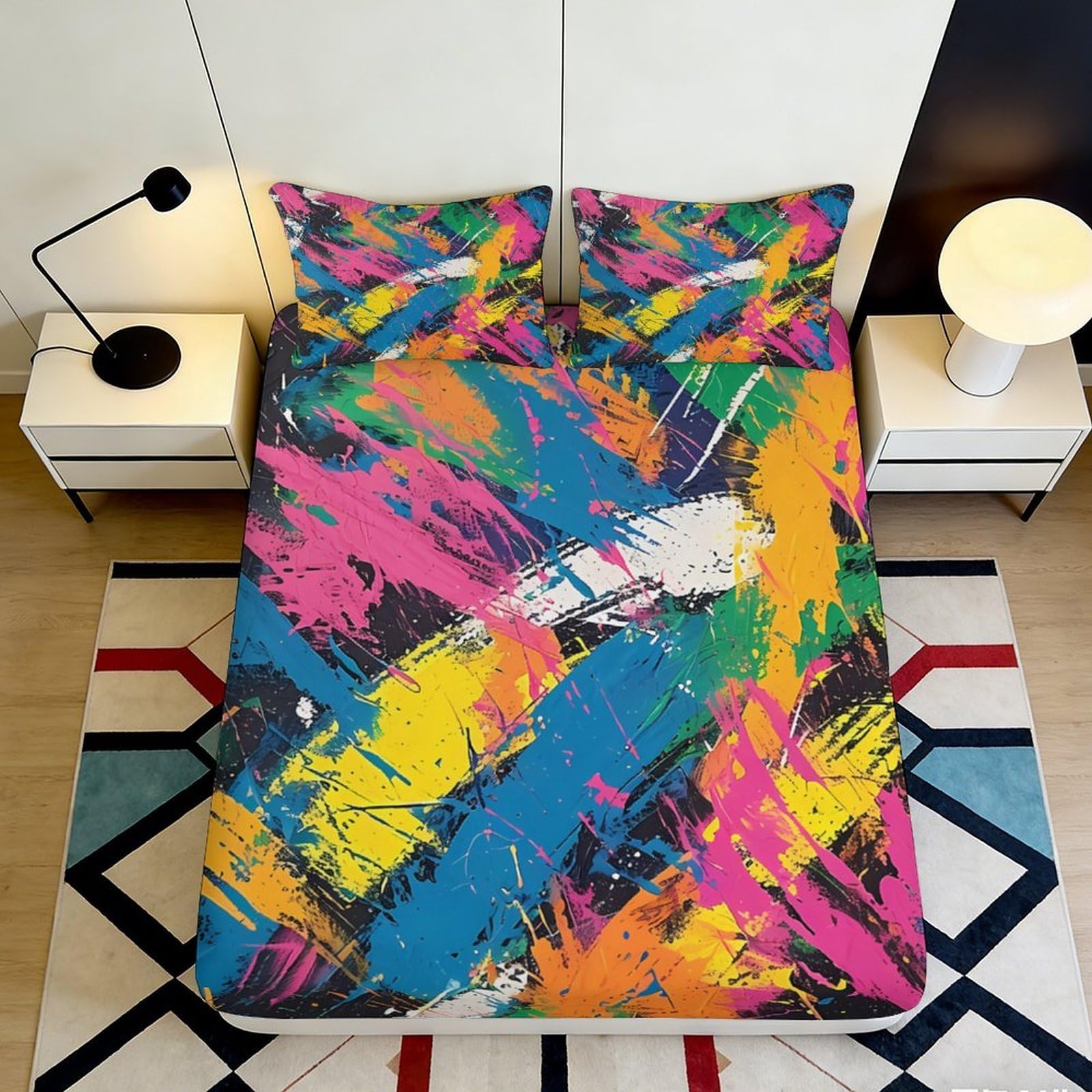3D Printed Colorful Abstract Fitted Sheet Microfiber Soft Breathable Vibrant Paint Mattress Cover for Bedroom Dormitory Guest Room Protection Decor 140x200x25cm