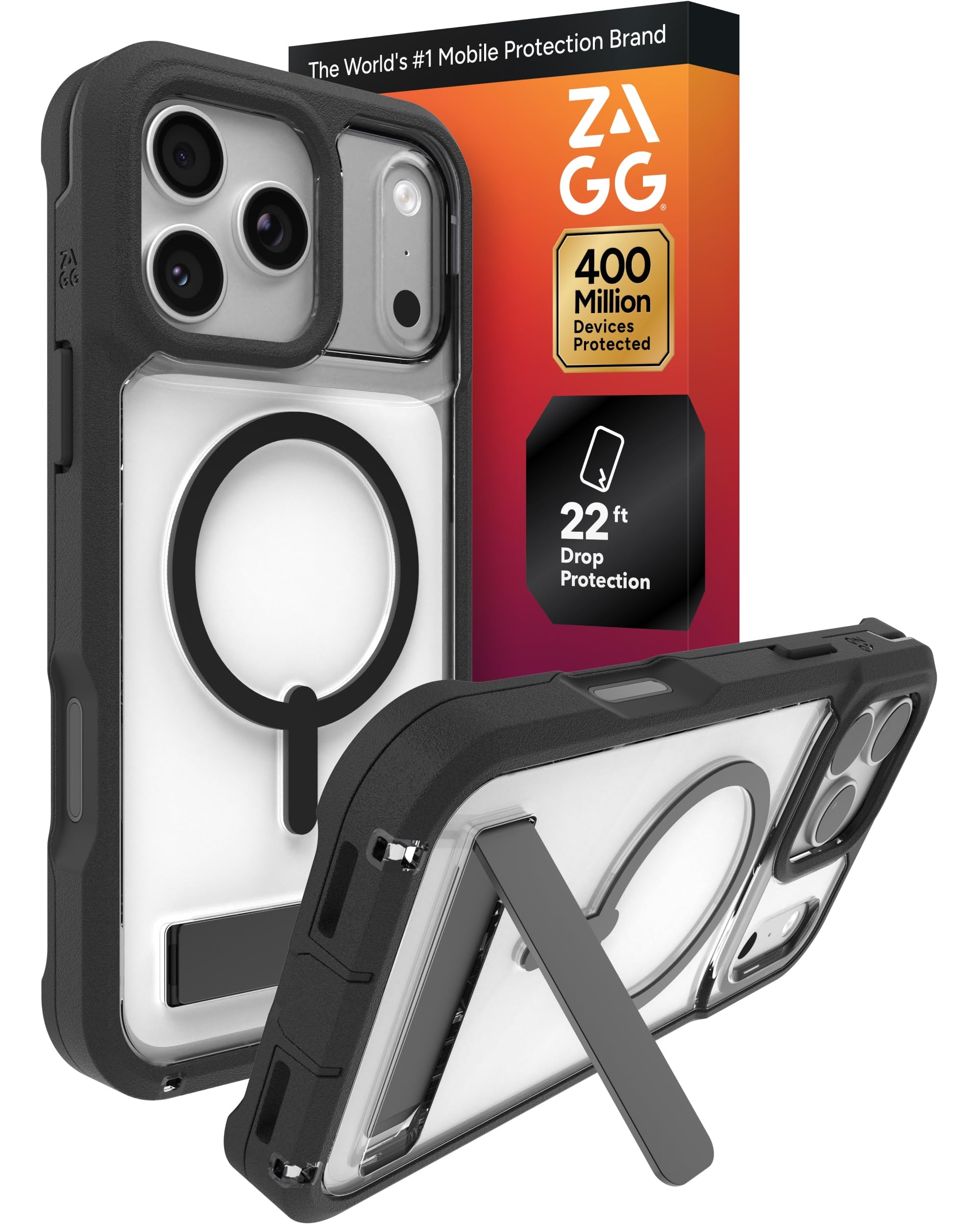 ZAGG Rainier Case with Kickstand for iPhone 17 Pro Max - Black, Graphene 22ft (7m) Drop Protection, Lanyard Attach Points, MagSafe, Wireless Charging