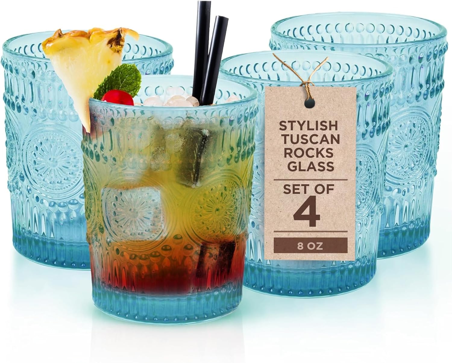 IMPULSE! Tuscan Rocks Glass Set - Aqua, Dishwasher Safe, Chic Vintage Style - 8 oz - Ideal for Gin, Mixed Cocktails, Bourbon, Margaritas, Soft Drinks, Beer, Water - Mexican Style Glasses - Set of 4