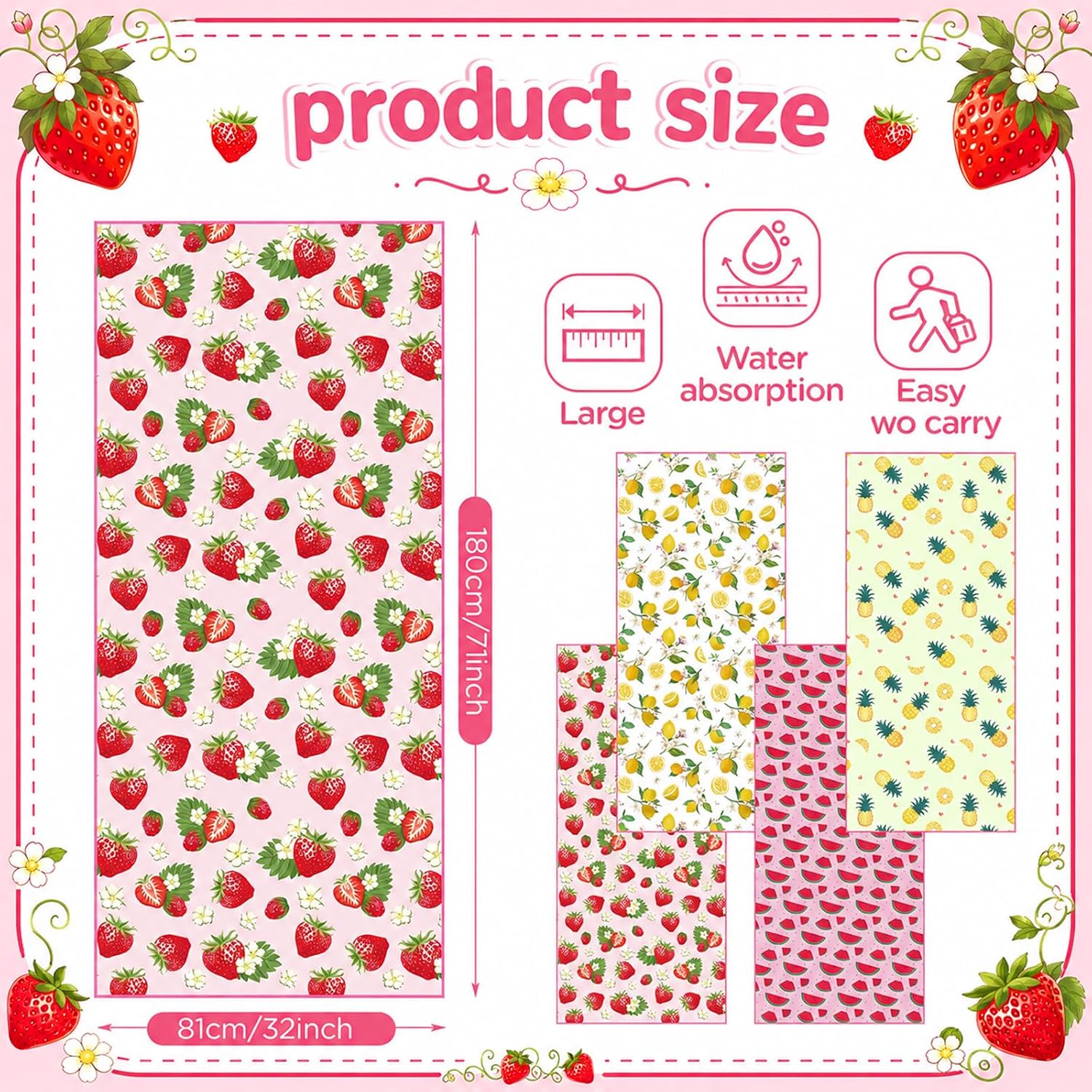 4pcs Extra Large Fruit Beach Towel Oversized 71"x 32" Thin | Strawberry Beach Towel, Pineapple Lemon Watermelon Beach Towel Swim Blanket Swimming Beach Towel for Pool, Gym, Yoga, Travel