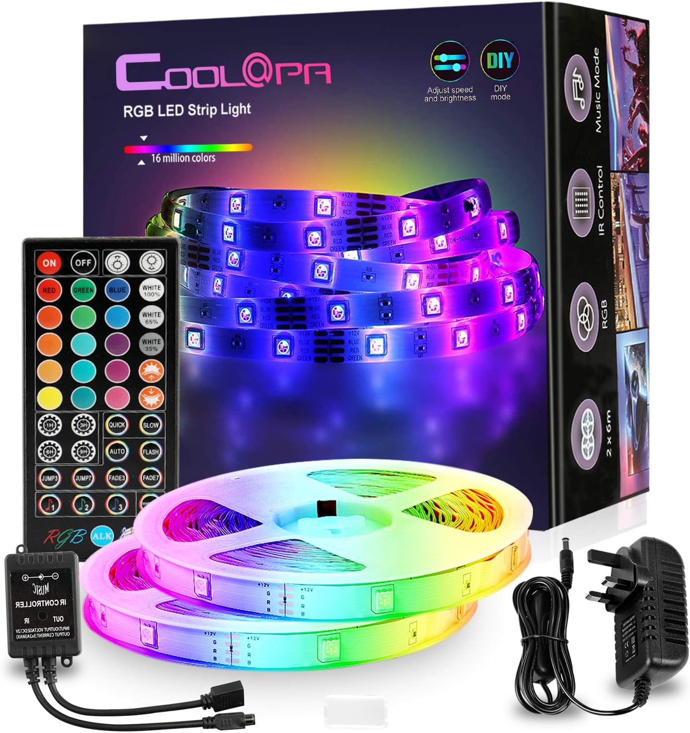 COOLAPA LED Strip Lights 12M 39.6FT Light Strip Music Sync Color Changing ,5050RBG with 12V Power - 40 Keys IR Remote Control for Bedroom Kitchen TV Party DIY Decoration
