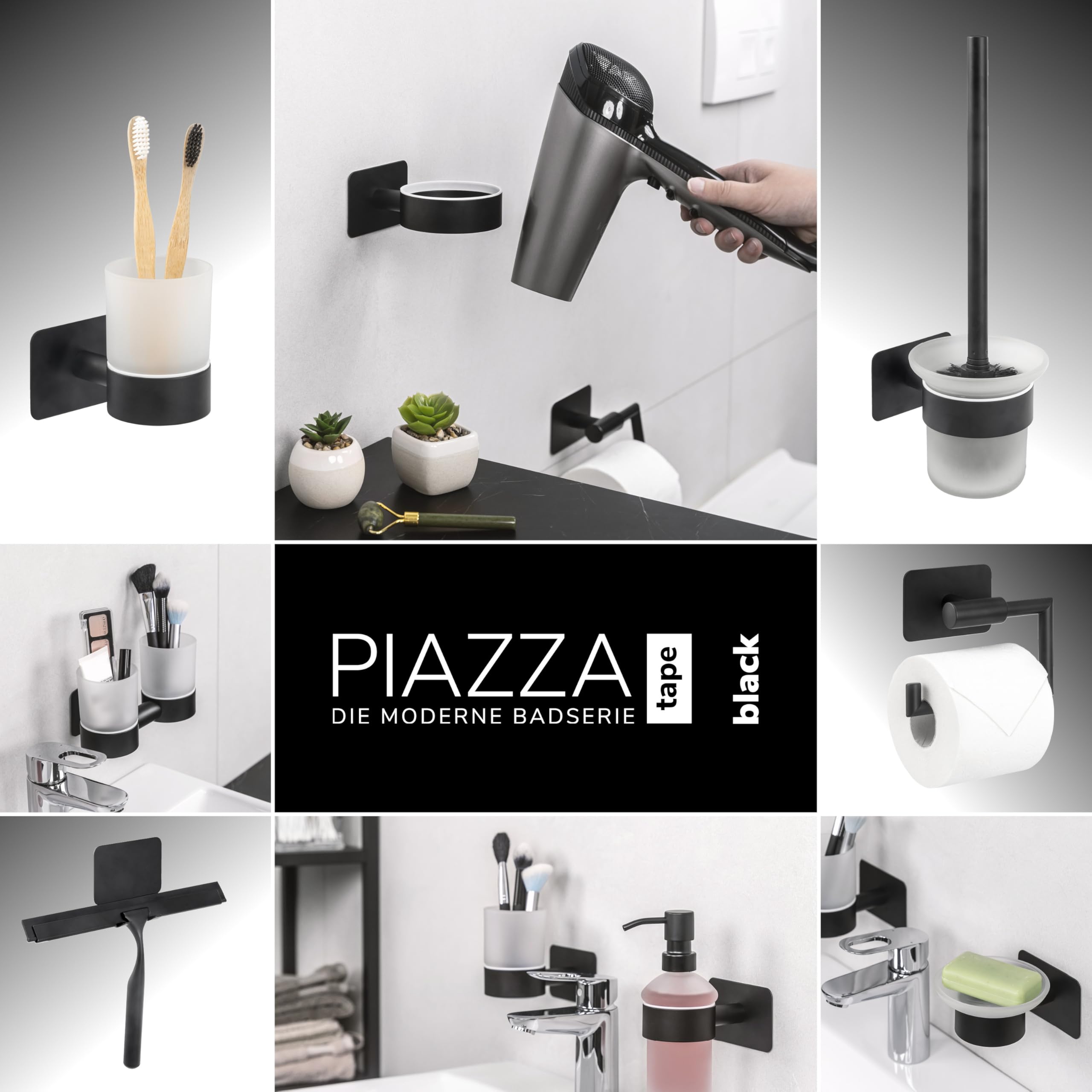 bremermann Bad-Serie Piazza Black Tape - Doppel-Glasbecherhalter ohne Bohren, mit Klebepad - selbstklebend - Becherhalter, Zahnbürstenhalter, aus Glas und Edelstahl, matt schwarz